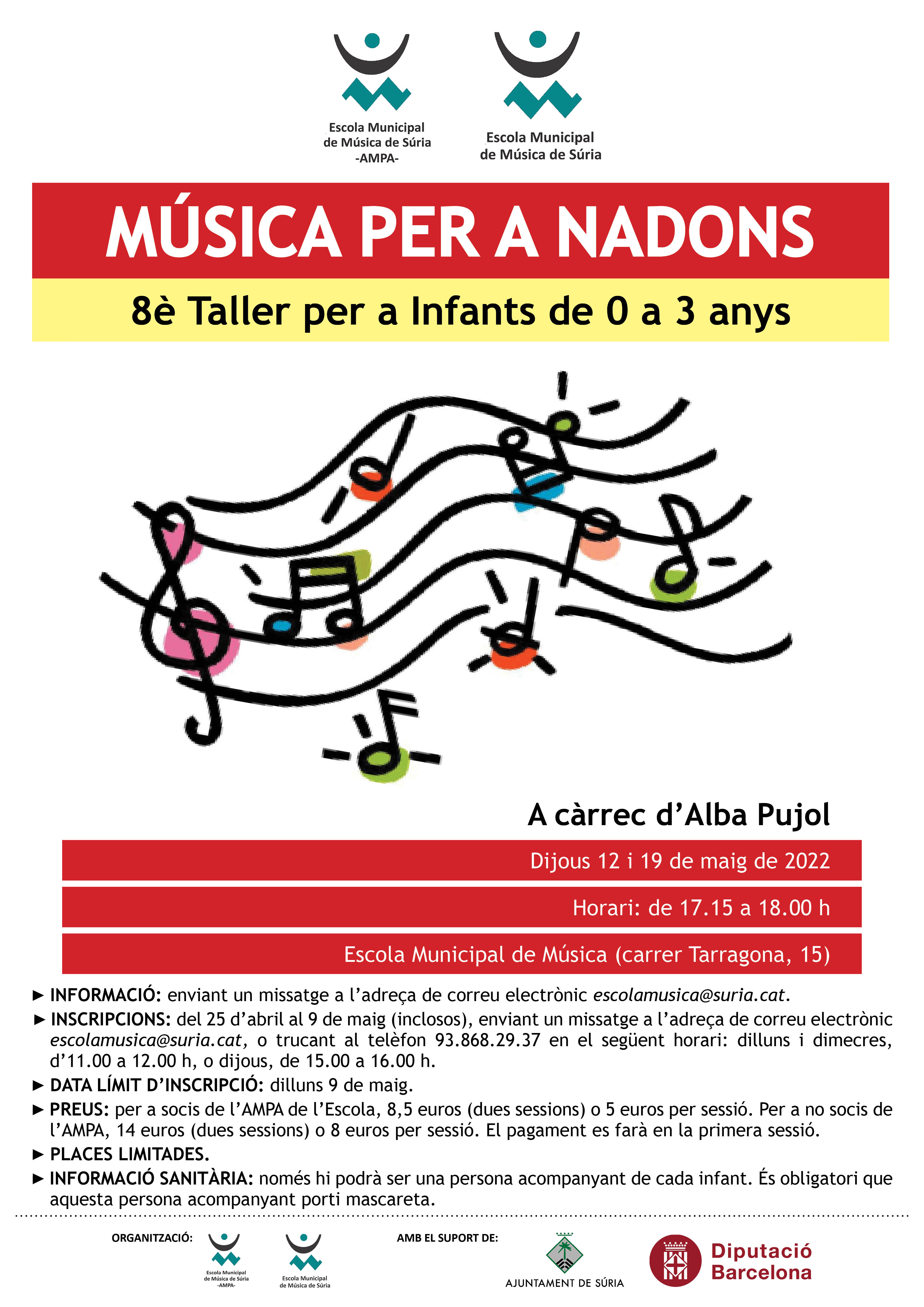 Cartell del 8è Taller de Música per a Nadons - Dijous 12 i 19 de maig.