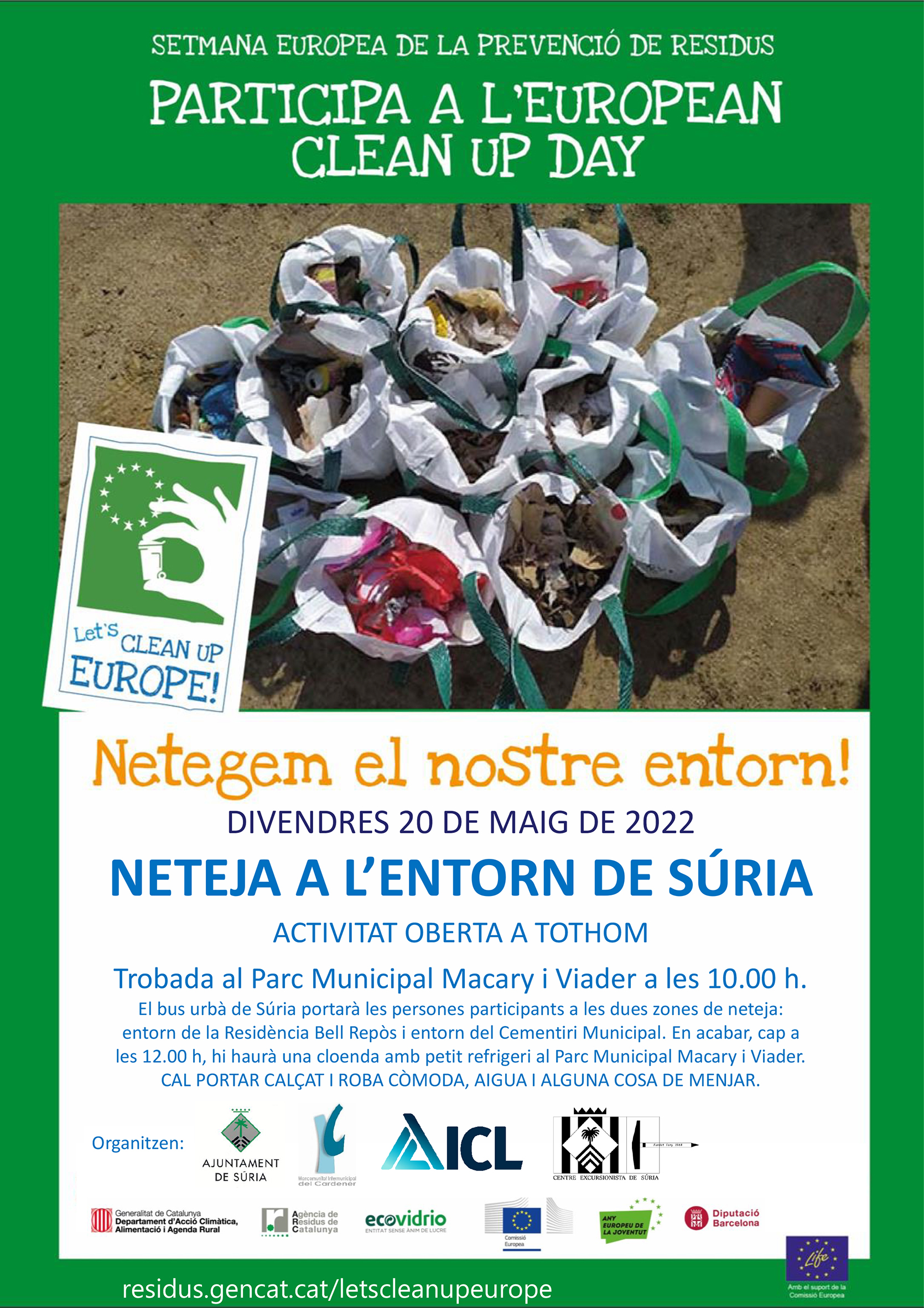 Cartell de l'acció de neteja oberta a tothom, dins de la Setmana Europea de la Prevenció de Residus - Divendres 20 de maig.