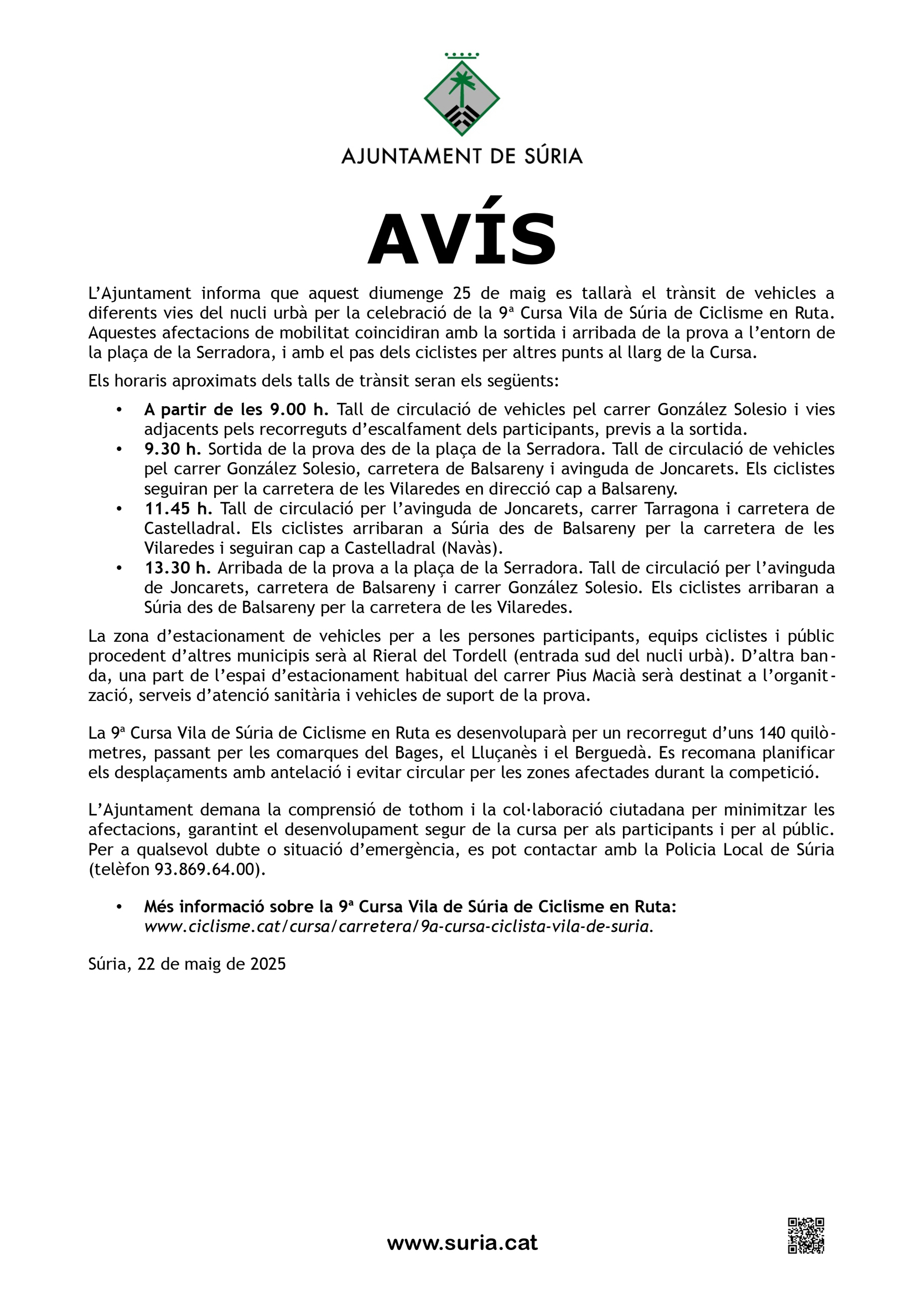 Avís de mobilitat sobre la 9a Cursa Vila de Súria de Ciclisme en Ruta.