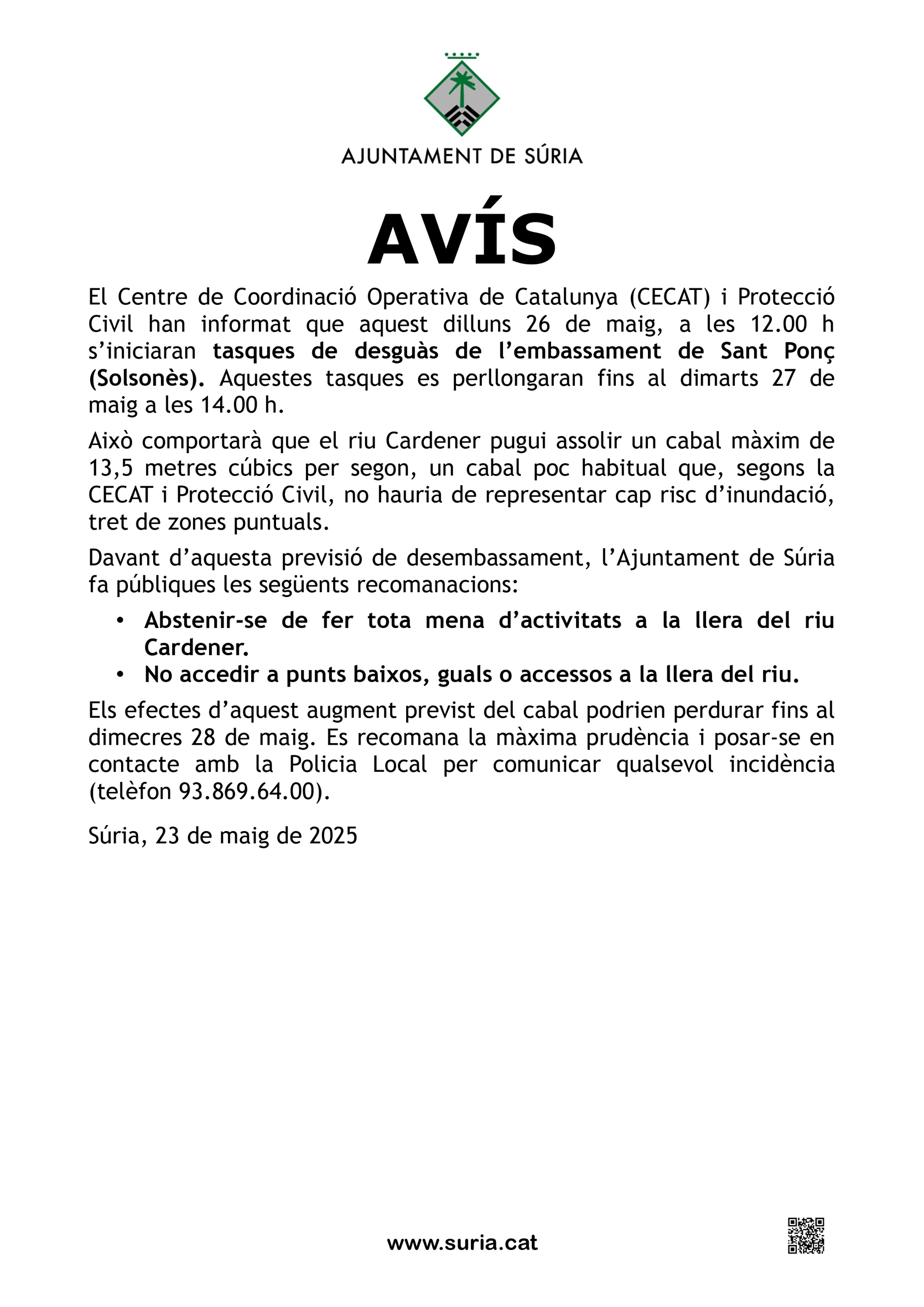 Avís sobre previsions d'augment del cabal del riu Cardener.
