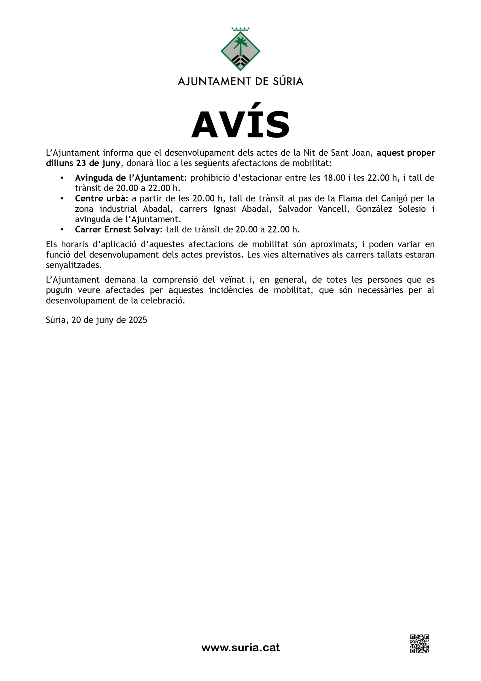 Avís sobre afectacions de mobilitat durant la Nit de Sant Joan.