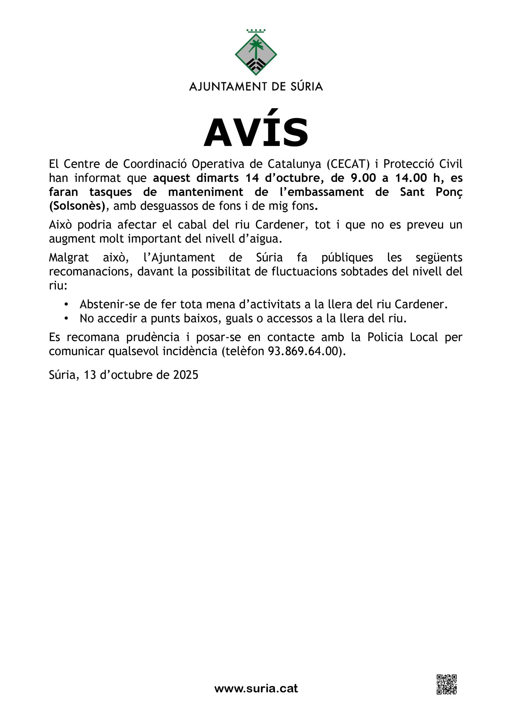 Avís sobre possible augment del cabal del riu Cardener - Dilluns 13 d'octubre.