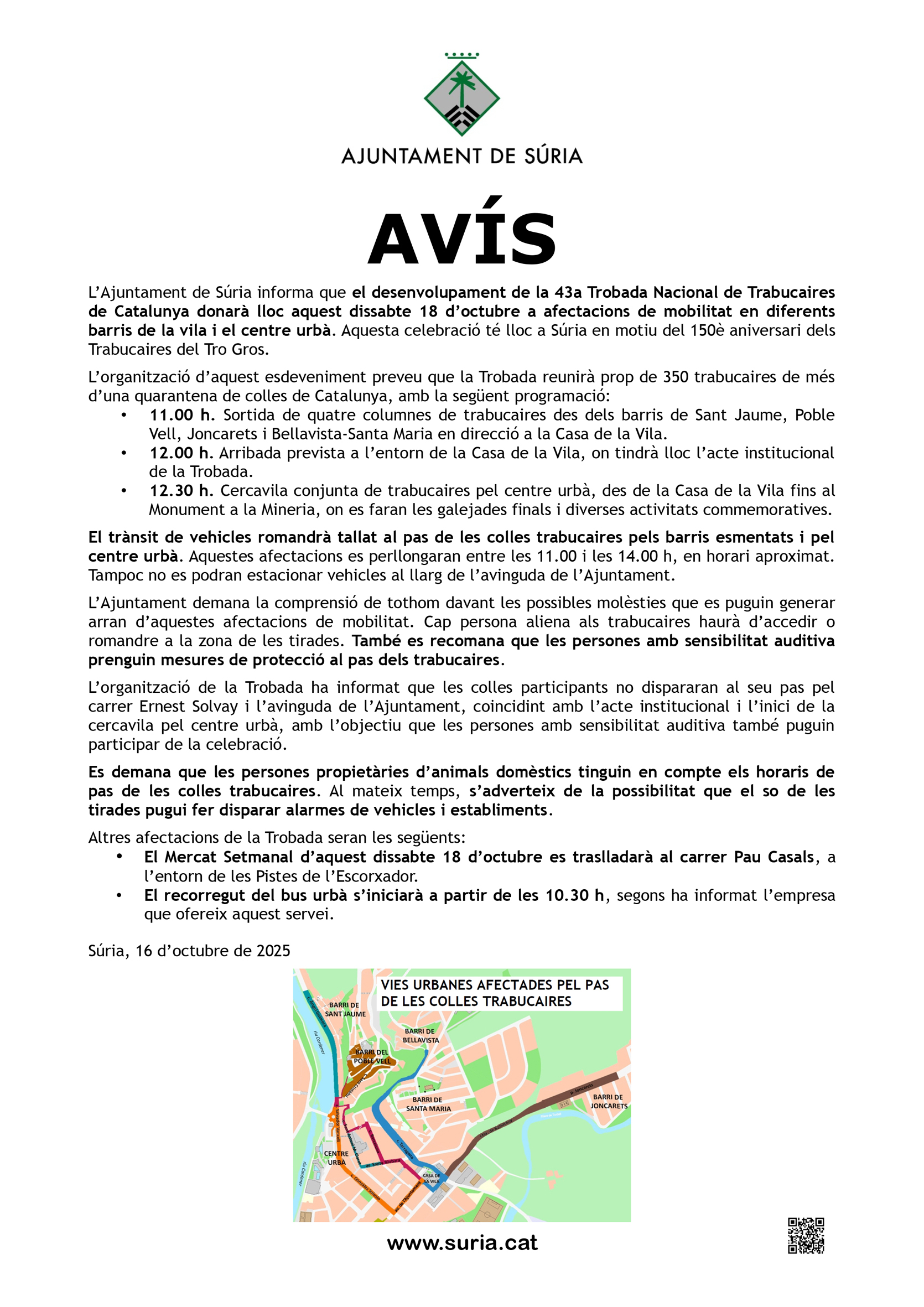 Avís d'afectacions previstes sobre la 43a Trobada Nacional de Trabucaires.