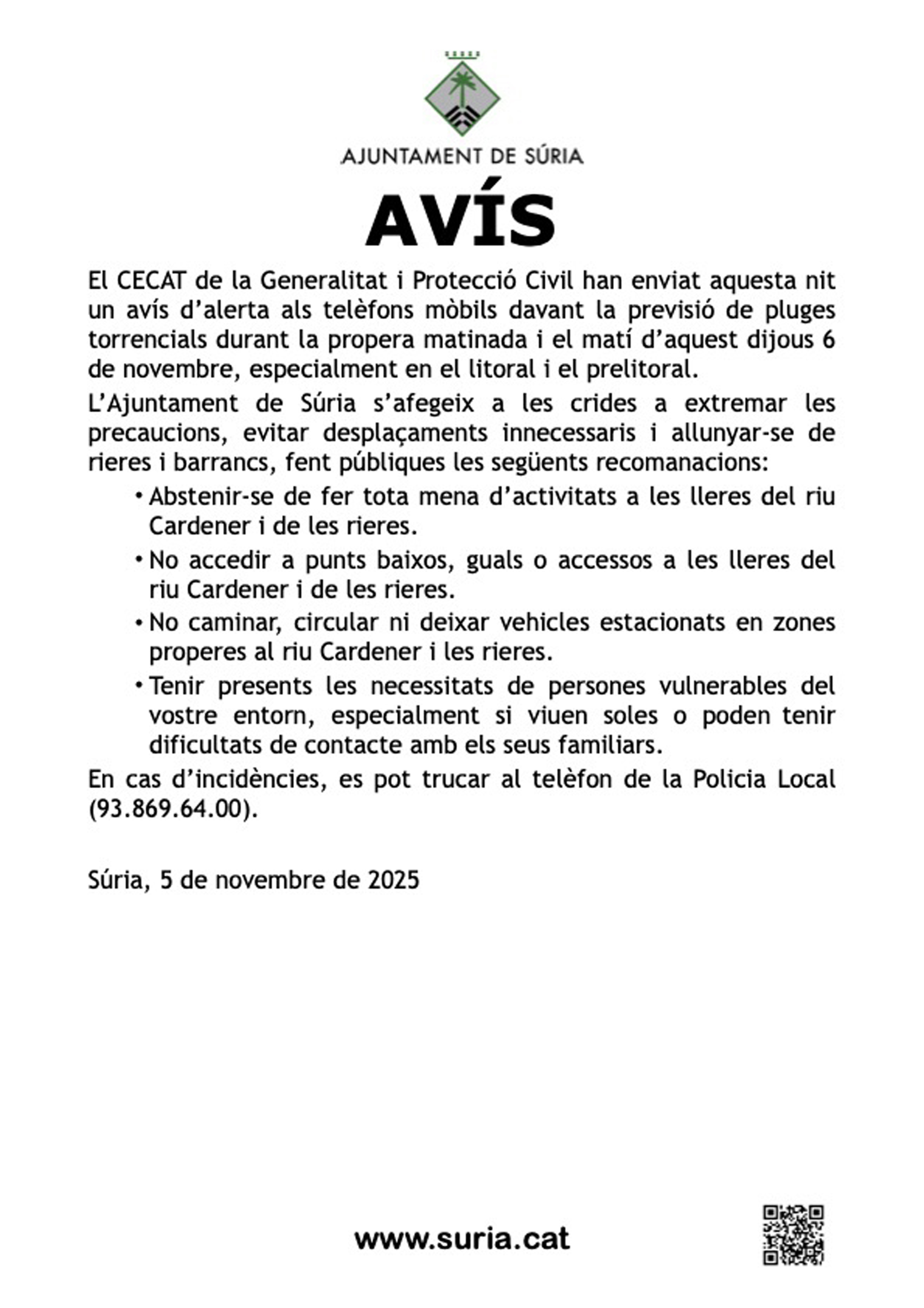 Avís sobre mesures de precaució davant la possibilitat de pluges fortes.