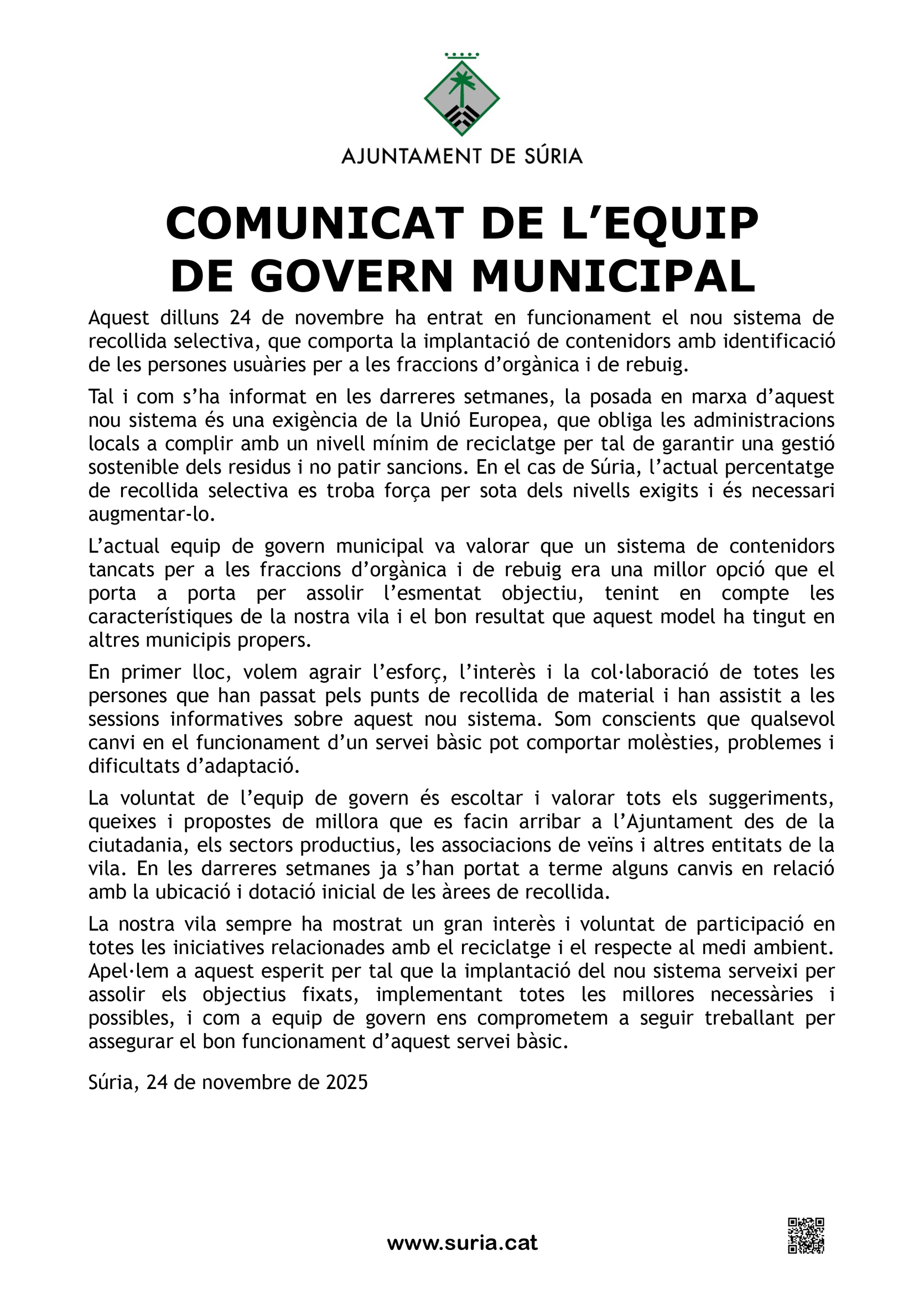 Comunicat de l'equip de govern municipal sobre el nou sistema de recollida selectiva - Dilluns 24 de novembre.