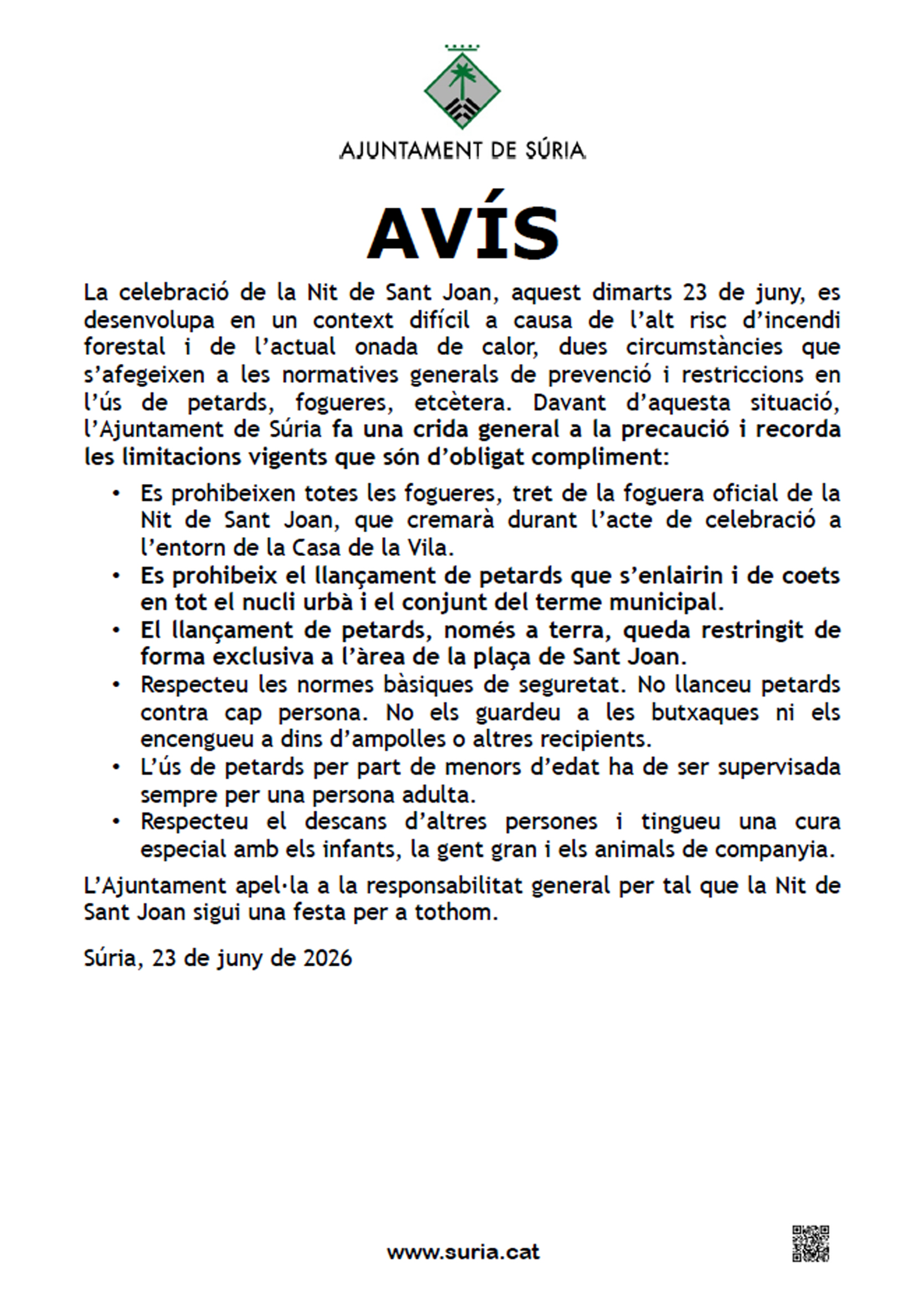 Av&iacute;s sobre limitacions i restriccions en l'&uacute;s de petards, coets i fogueres en motiu de la Nit de Sant Joan - Dimarts 23 de juny.