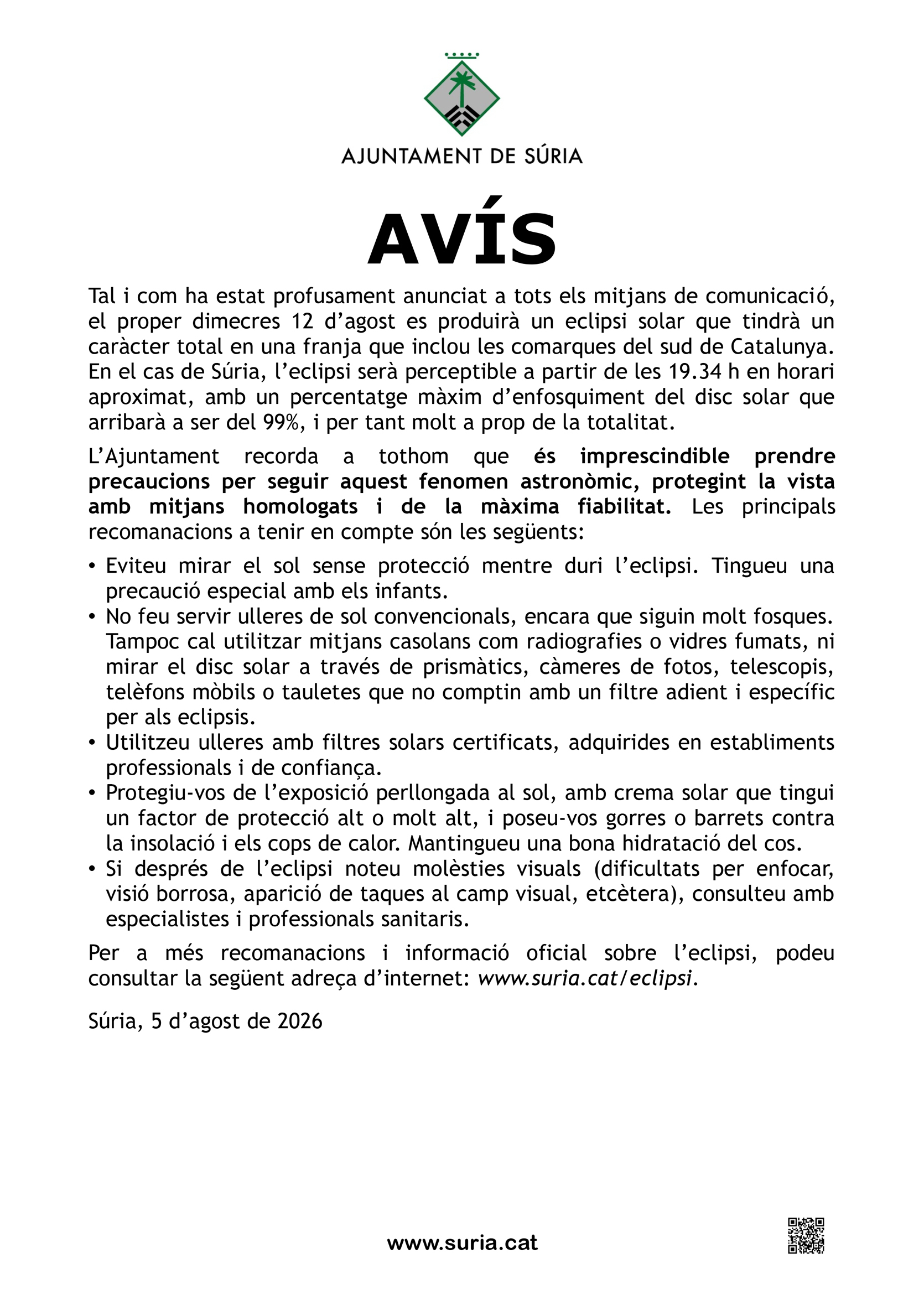 Av&iacute;s sobre l'eclipsi del dimecres 12 d'agost.
