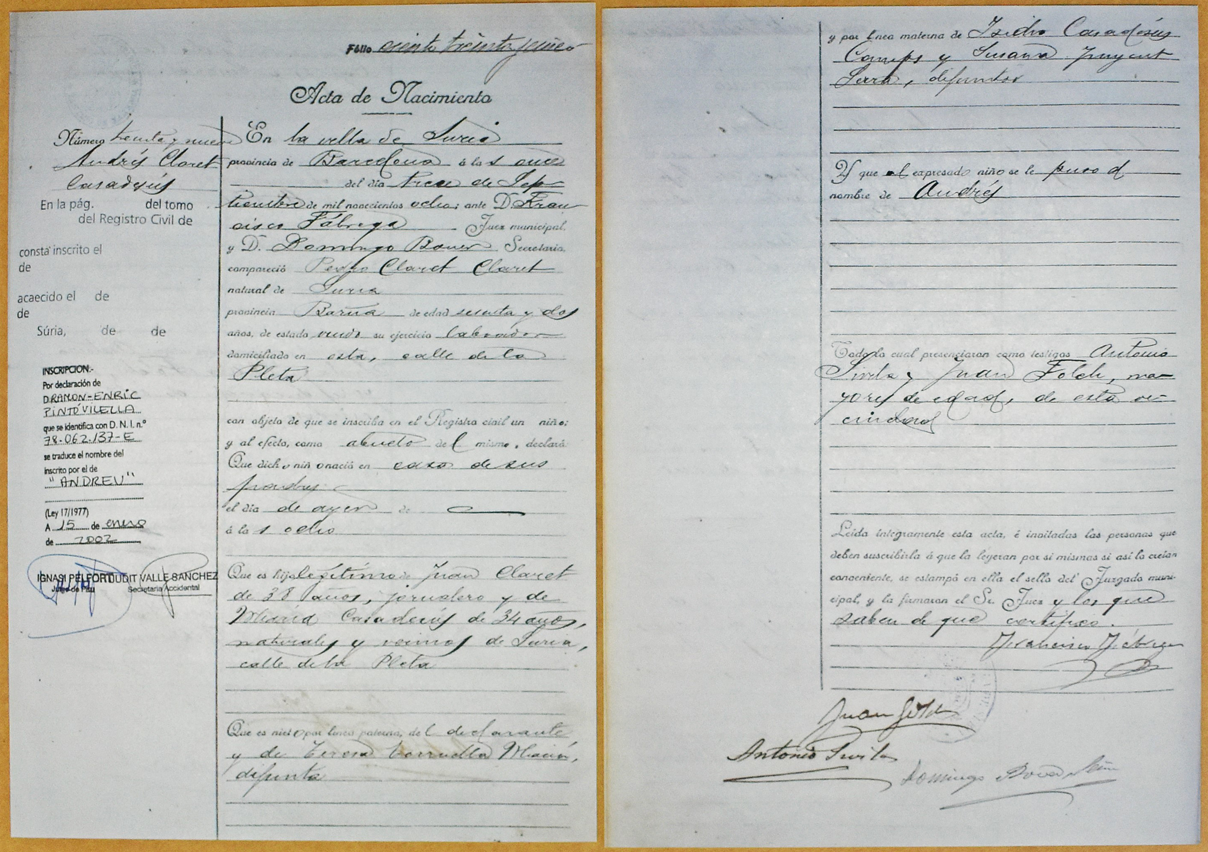 Any 1908 - Partida de naixement d'Andreu Claret i CasadesÃºs.