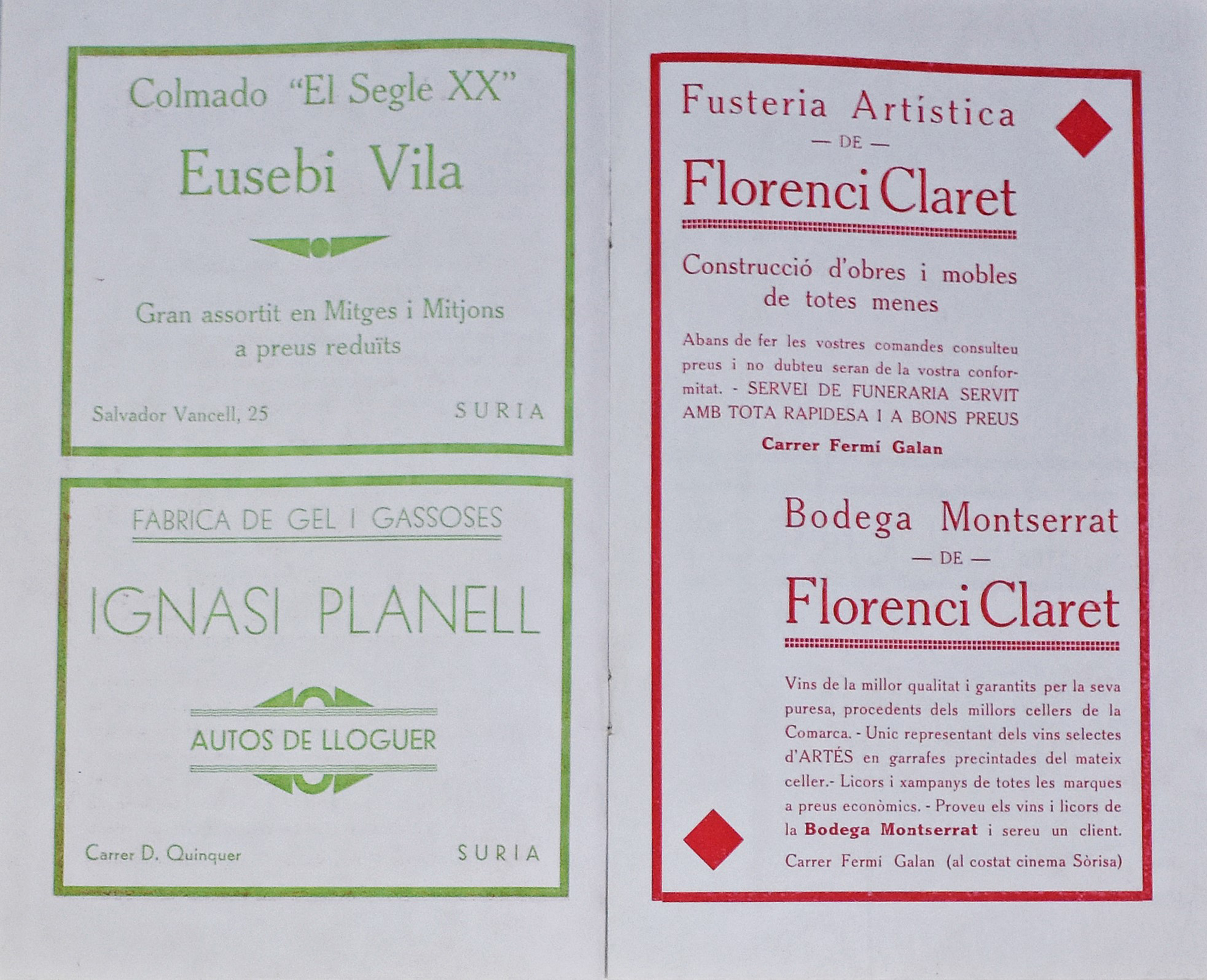 Any 1935 - Anuncis dels establiments de la famÃ­lia Claret en el programa de la Festa Major de SÃºria.