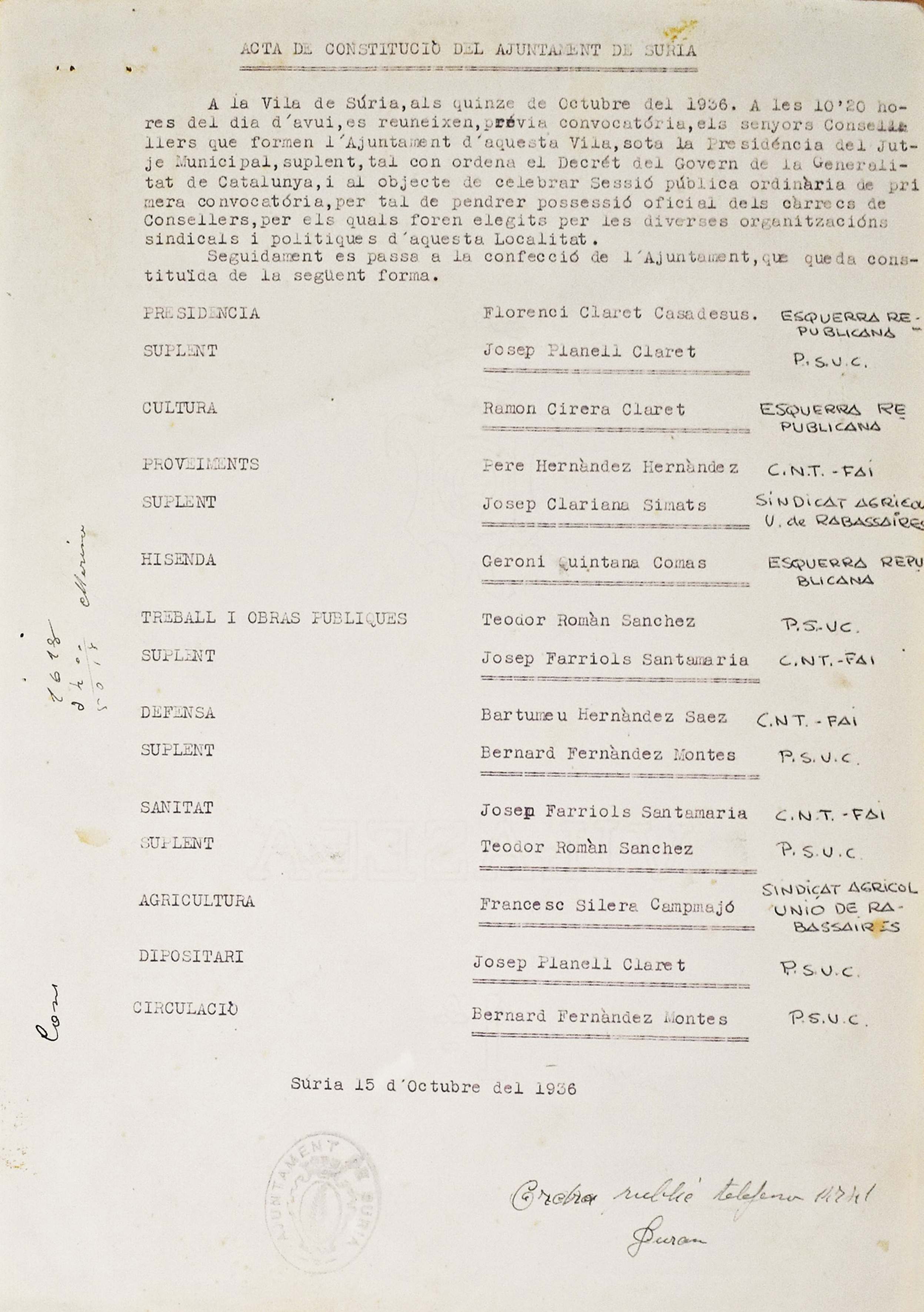 Any 1936 - Acta de constituciÃ³ de l'Ajuntament de SÃºria, presidit per Florenci Claret i CasadesÃºs.