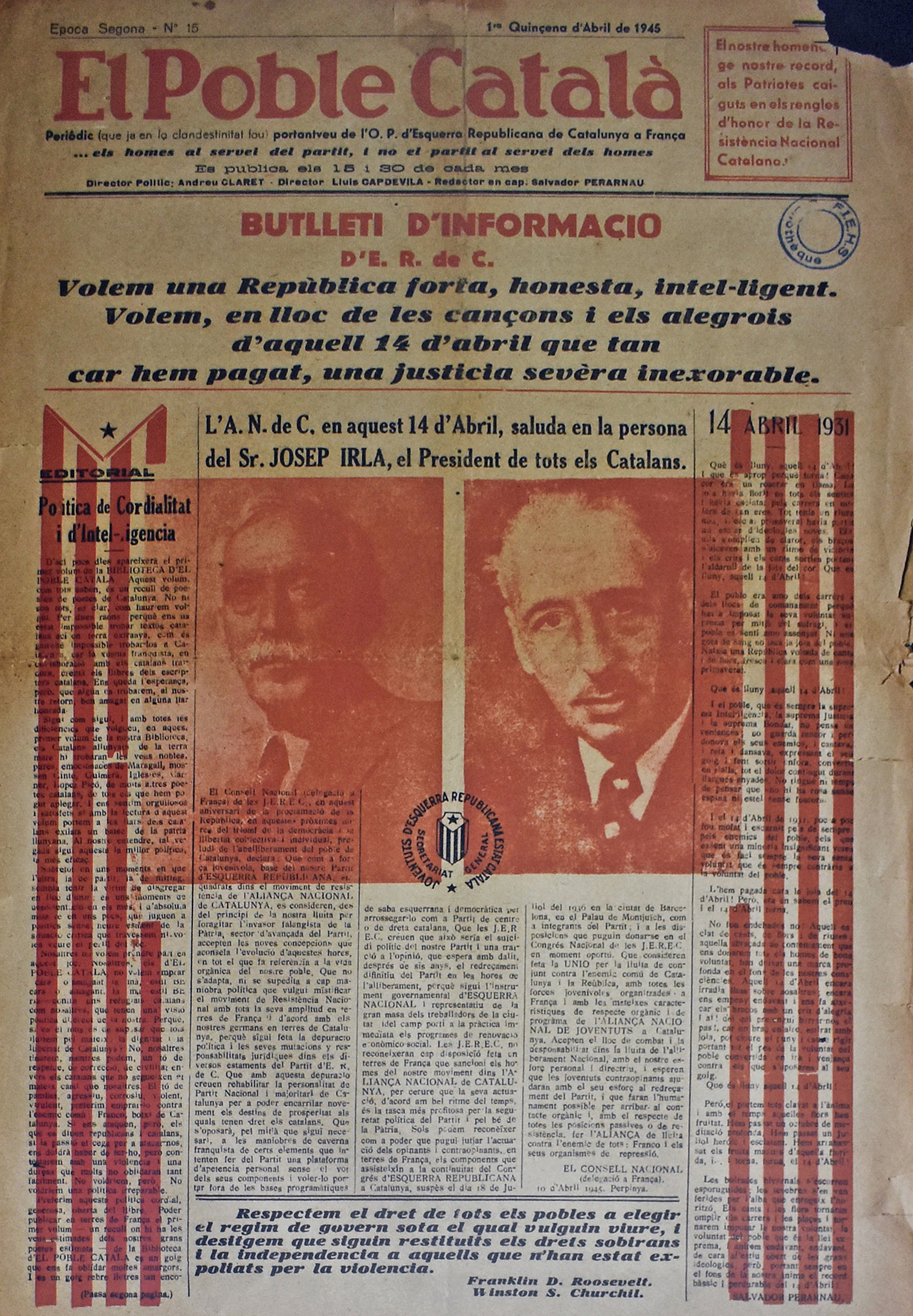 Any 1945 - Portada de la revista 'El Poble CatalÃ ', dirigit a l'exili per Andreu Claret i CasadesÃºs.