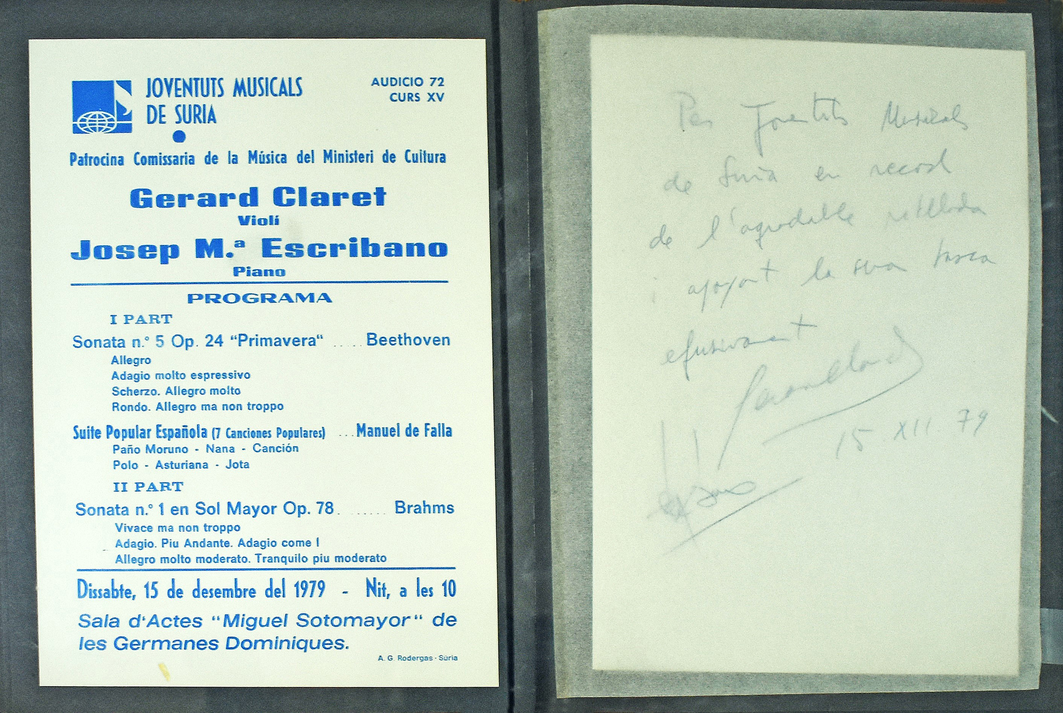 Any 1979 - Programa del concert i dedicatÃ²ria del violinista Gerard Claret i Serra a SÃºria, organitzat per Joventuts Musicals.