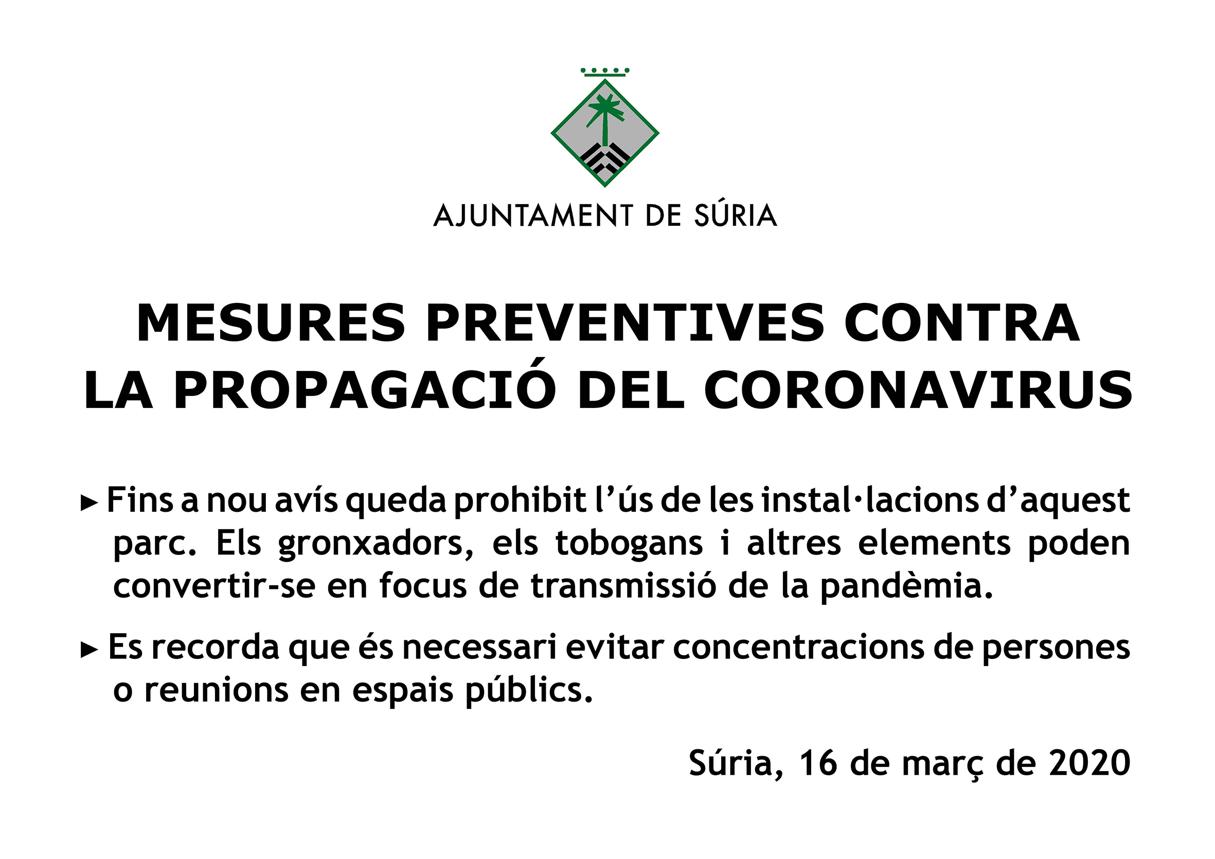 Avís sobre l'accés als parcs de la vila pel coronavirus.