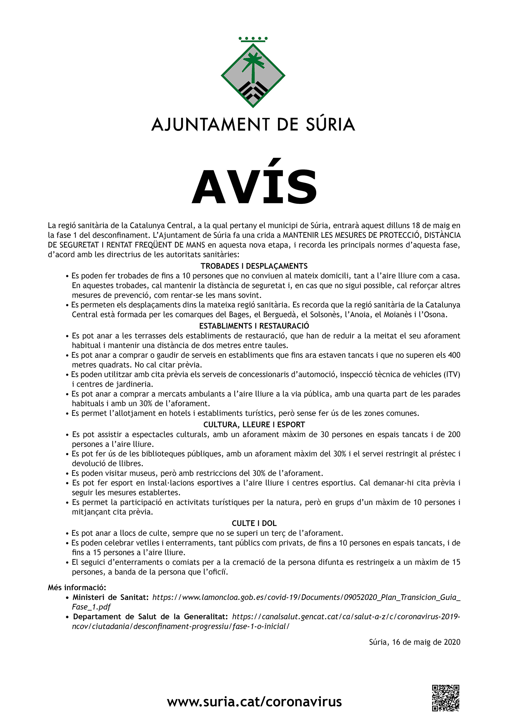 Avís de l'Ajuntament sobre l'inici de la fase 1 del desconfinament.