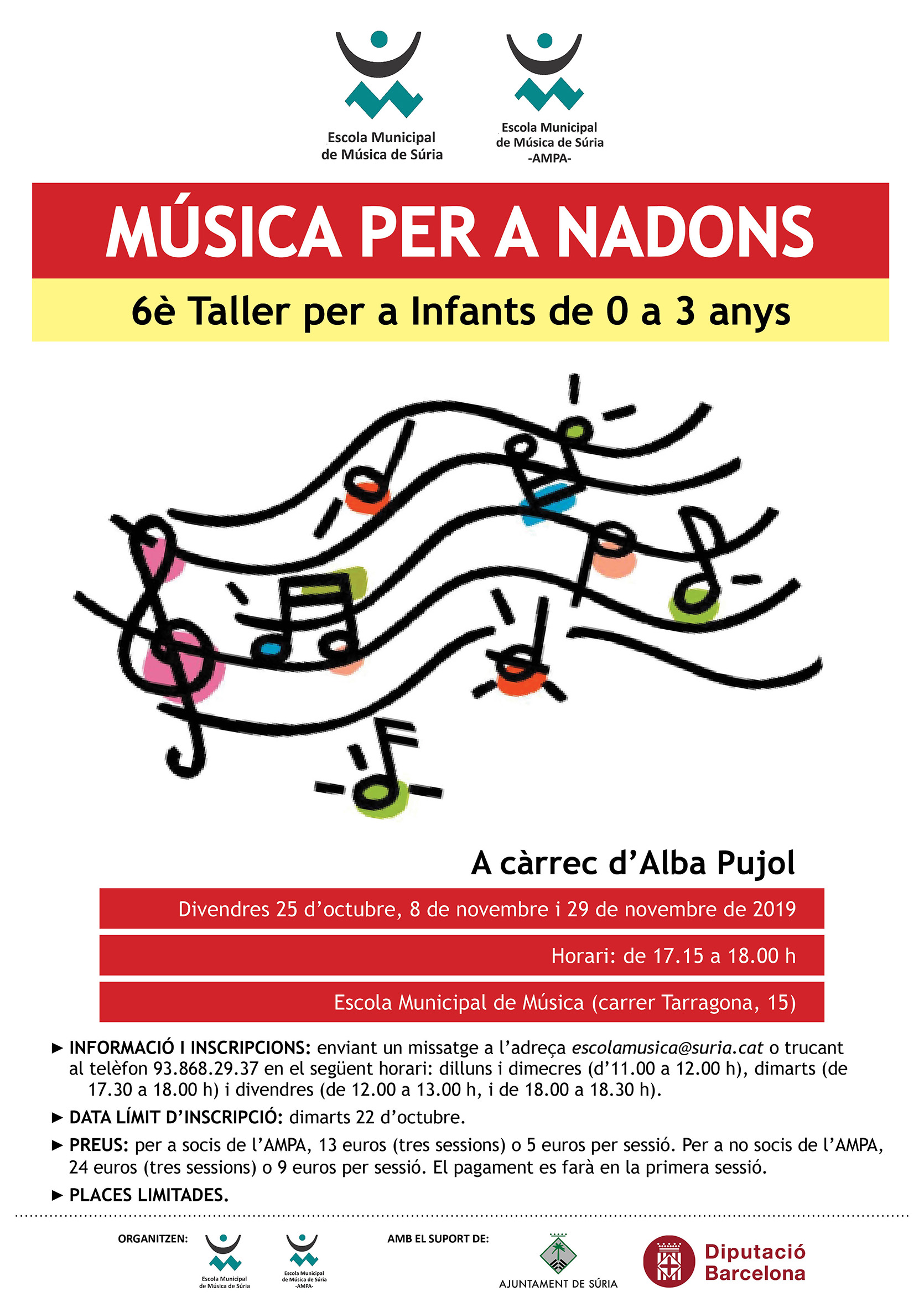 Cartell del Taller de Música per a Nadons de l'Escola Municipal de Música - Dies 25 d'octubre, 8 i 29 de novembre.