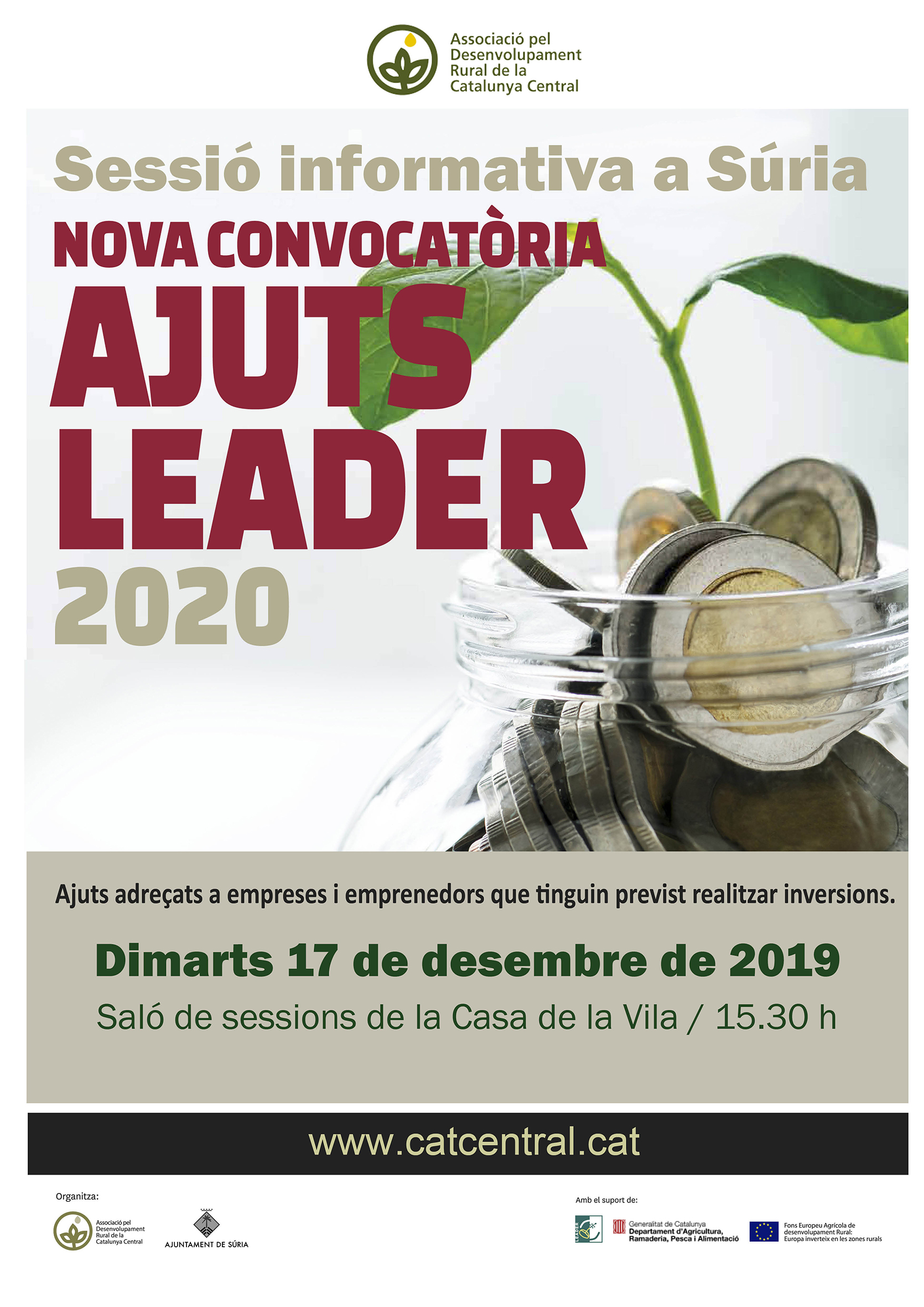 Cartell de la sessió informativa sobre els ajuts Leader - Dimarts 17 de desembre.