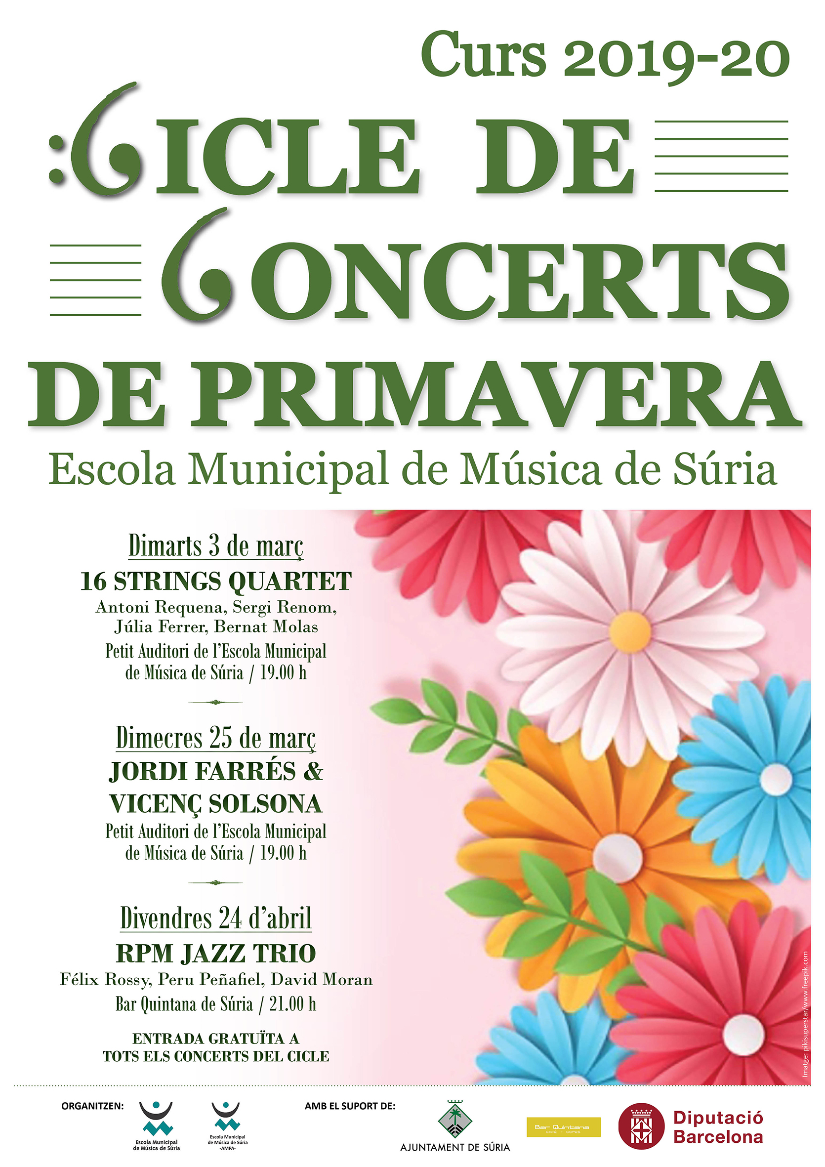 Cartell del Cicle de Concerts de Primavera de l'Escola Municipal de Música - Dies 3 i 25 de març, i 24 d'abril.