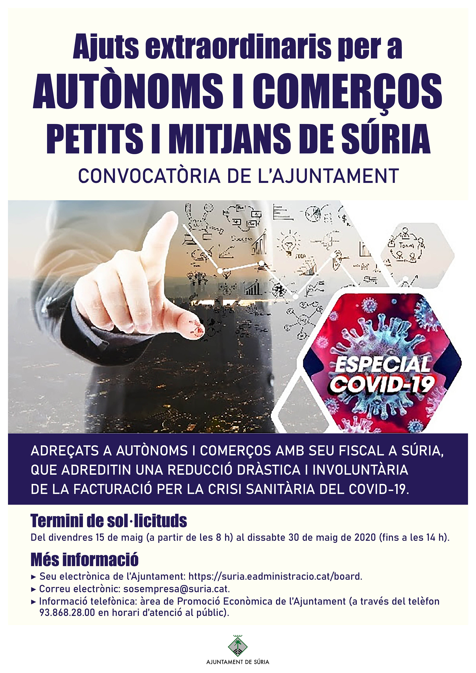 Cartell de la convocatòria extraordinària d'ajuts per a autònoms i comerços.
