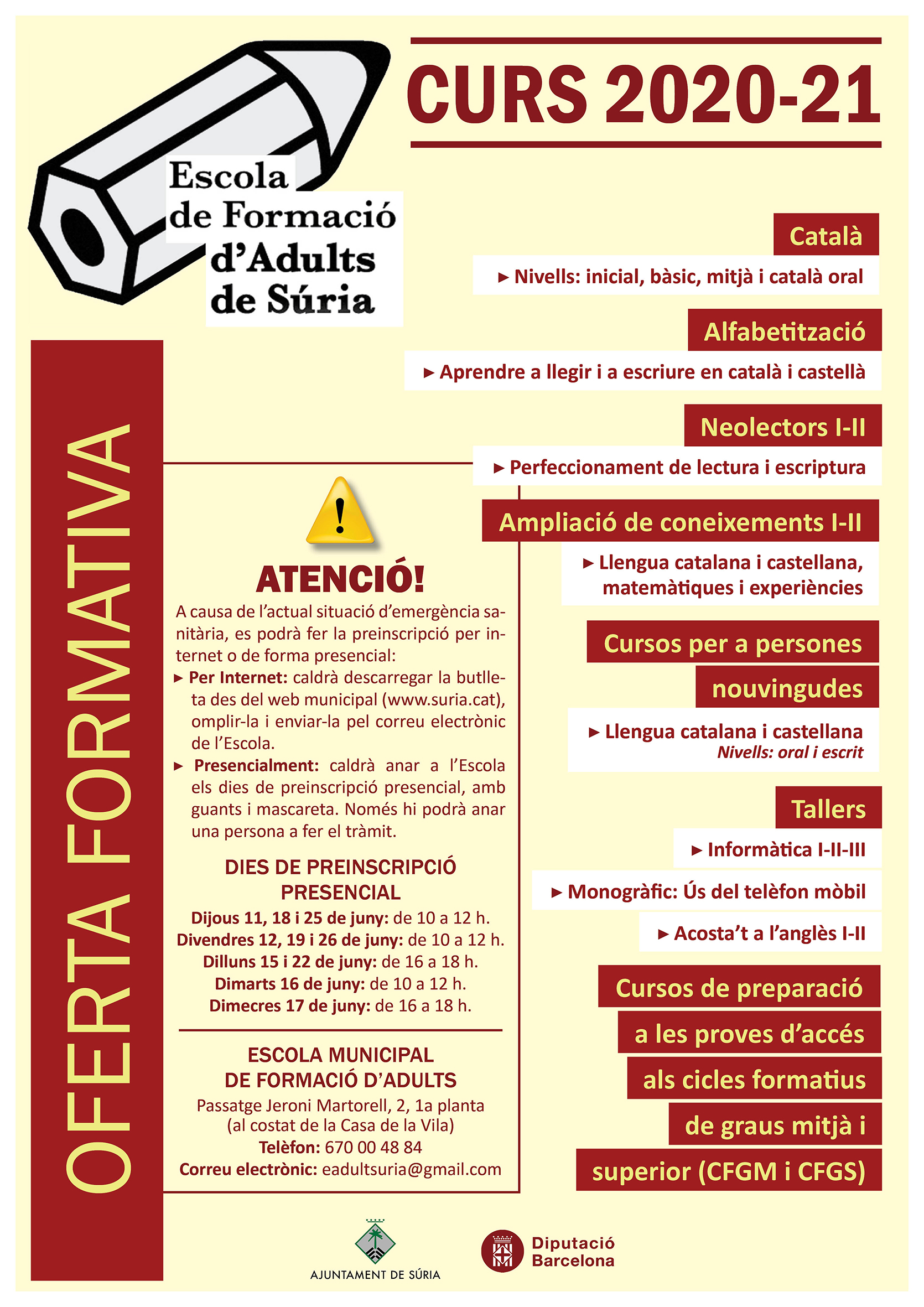 Cartell del període de preinscripcions de l'Escola Municipal de Formació d'Adults per al curs 2020-21.