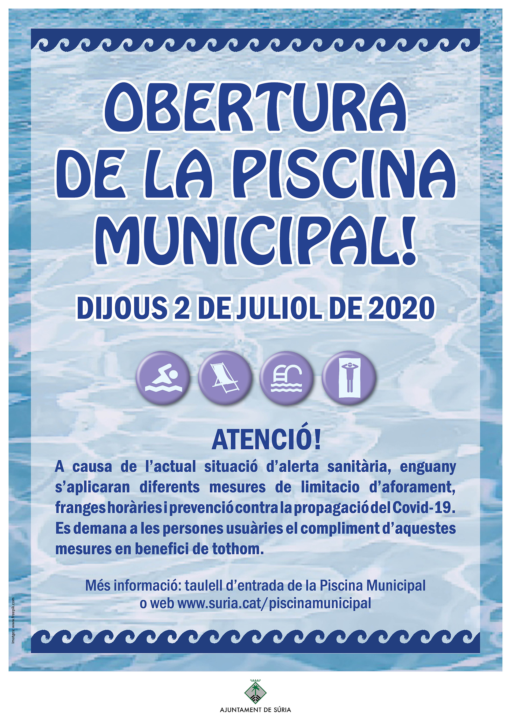 Cartell sobre l'obertura de la Piscina Municipal de Súria - Dijous 2 de juliol.