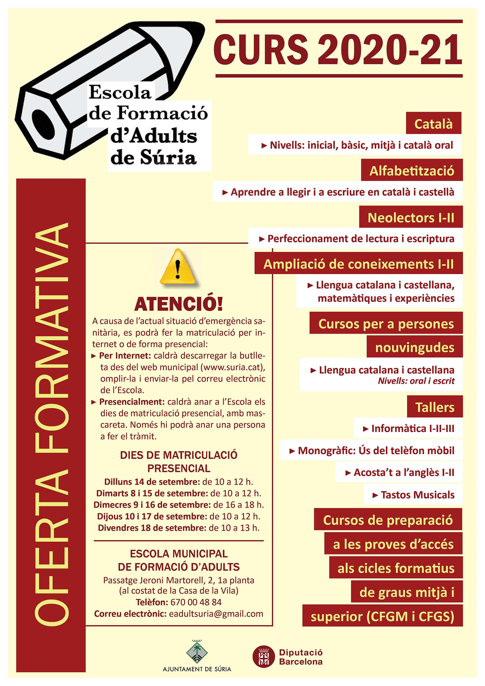 Cartell del calendari de matriculacions de l'Escola Municipal d'Adults per al curs 2020-21.