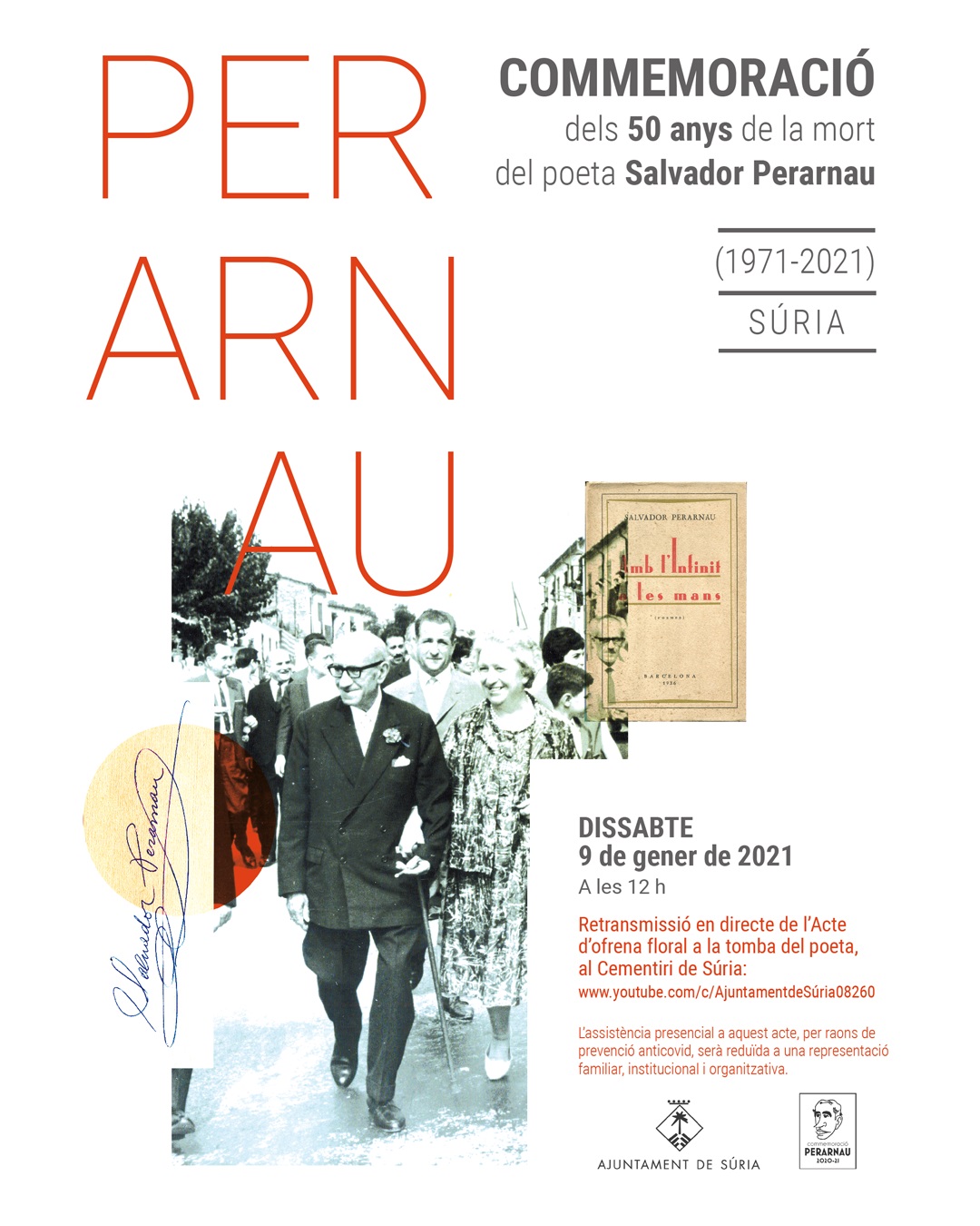 Cartell de l'acte commemoratiu dels 50 anys de la mort del poeta Salvador Perarnau - Dissabte 9 de gener.