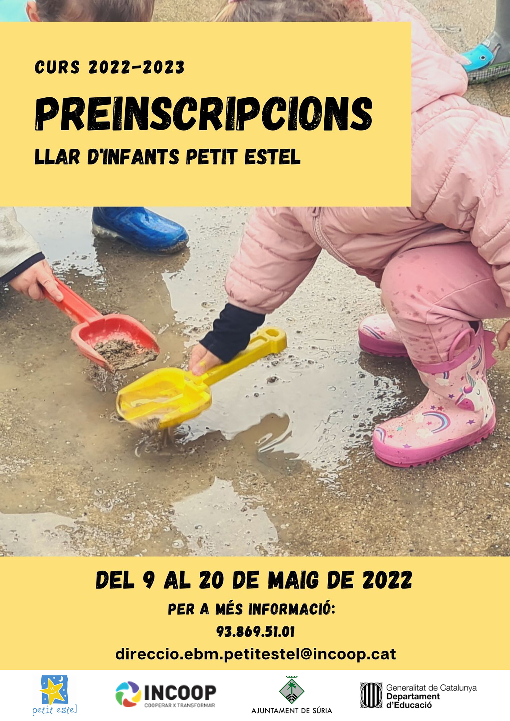 Cartell sobre el període de preinscripcions de l'Escola Bressol Municipal Petit Estel per al curs 2022-23 - Del 9 al 20 de maig.