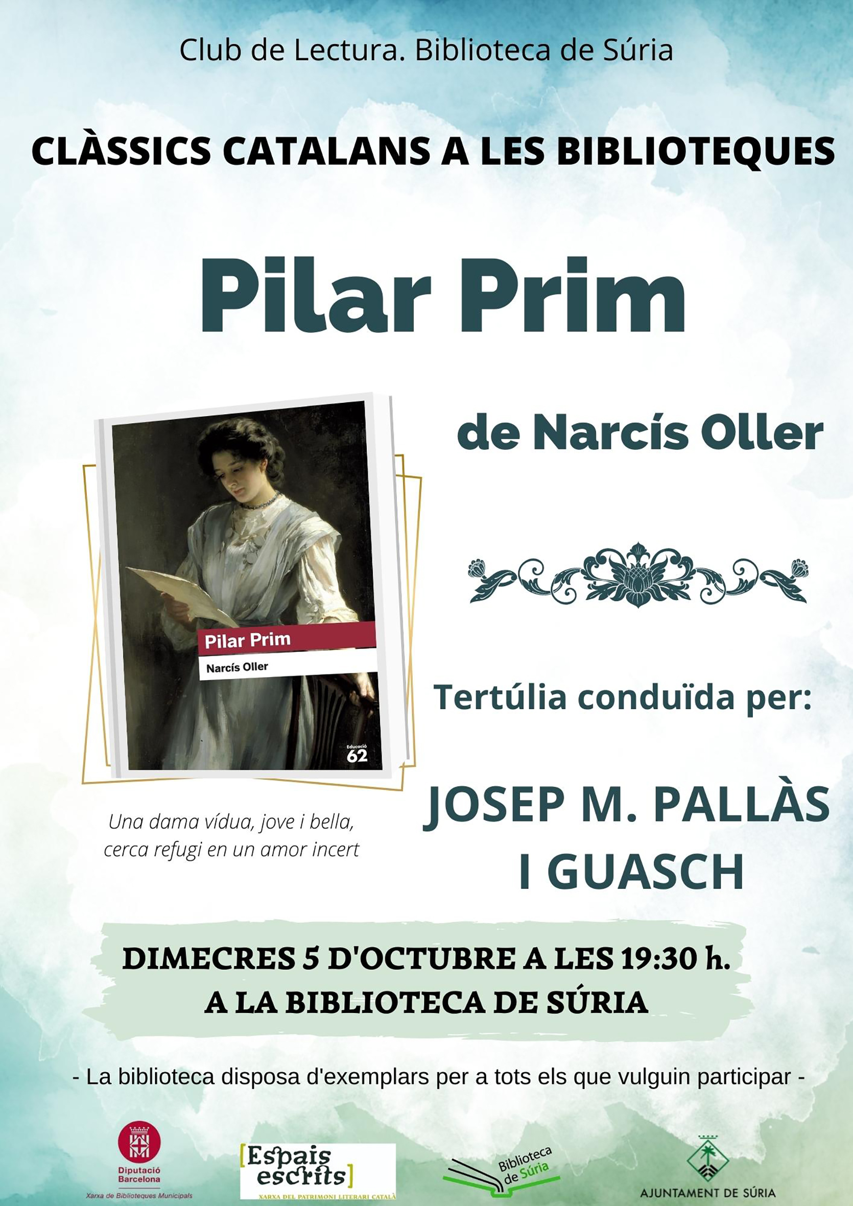 Cartell sobre la sessió del Club de Lectura de la Biblioteca Pública sobre la novel·la 'Pilar Prim' de Narcís Oller - Dimecres 5 d'octubre.