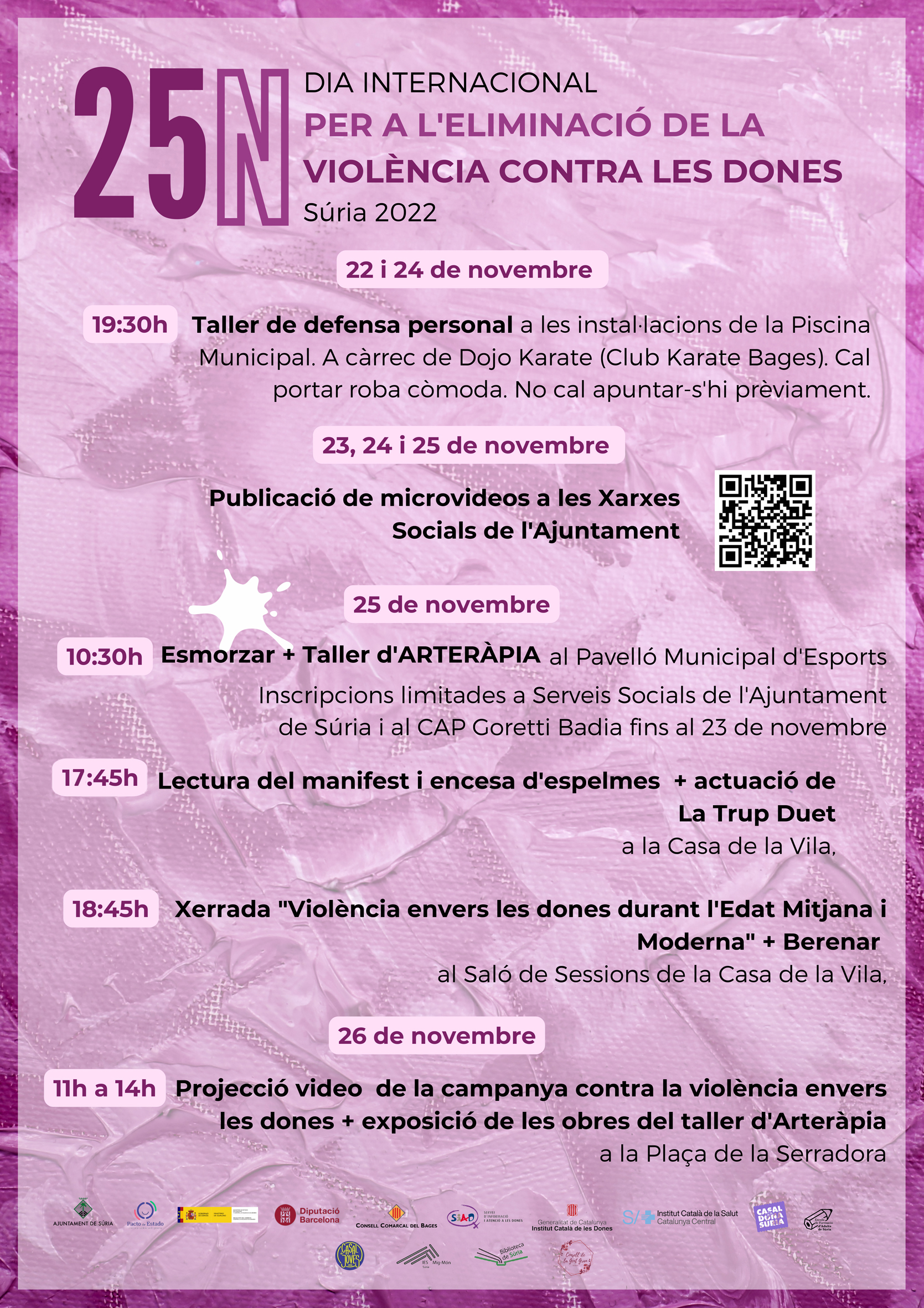 Cartell del programa d'actes del Dia Internacional per l'eliminació de la violència contra les dones - Del 22 al 26 de novembre.