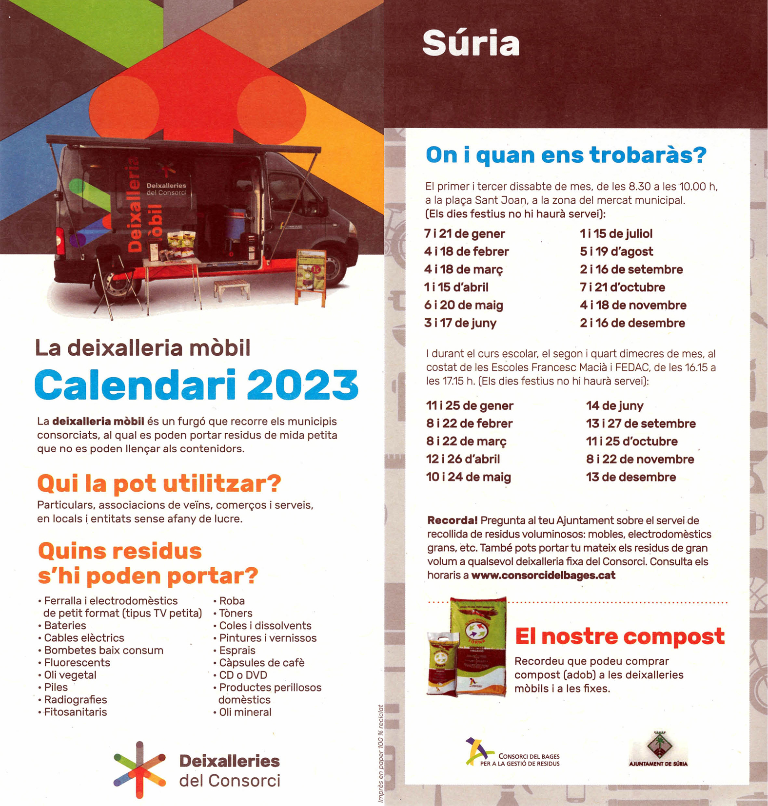 Calendari de la Deixalleria Mòbil a Súria - Any 2023.