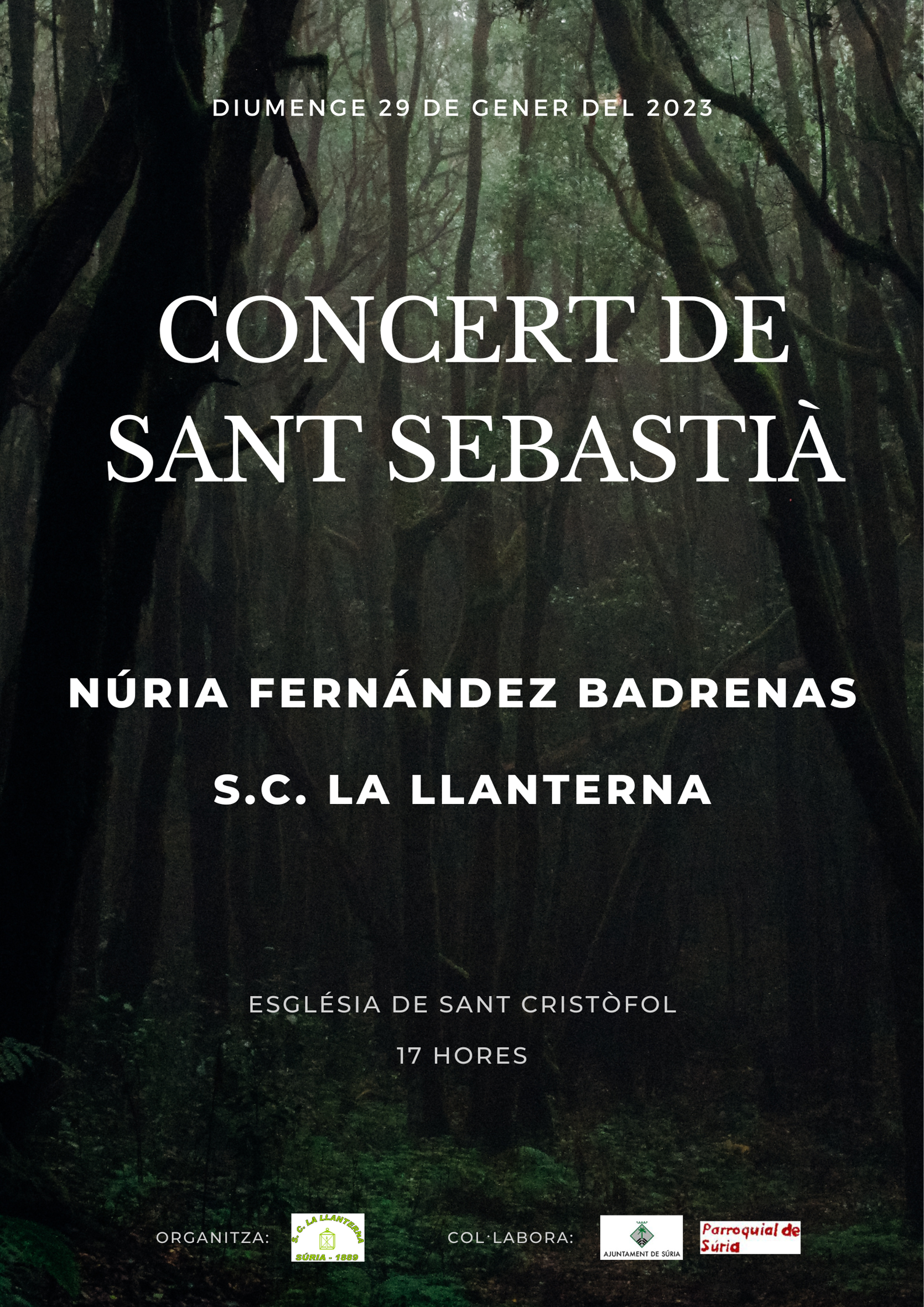 Cartell del concert de la Societat Coral La Llanterna i la cantant Núria Fernández Badrenas - Diumenge 29 de gener.