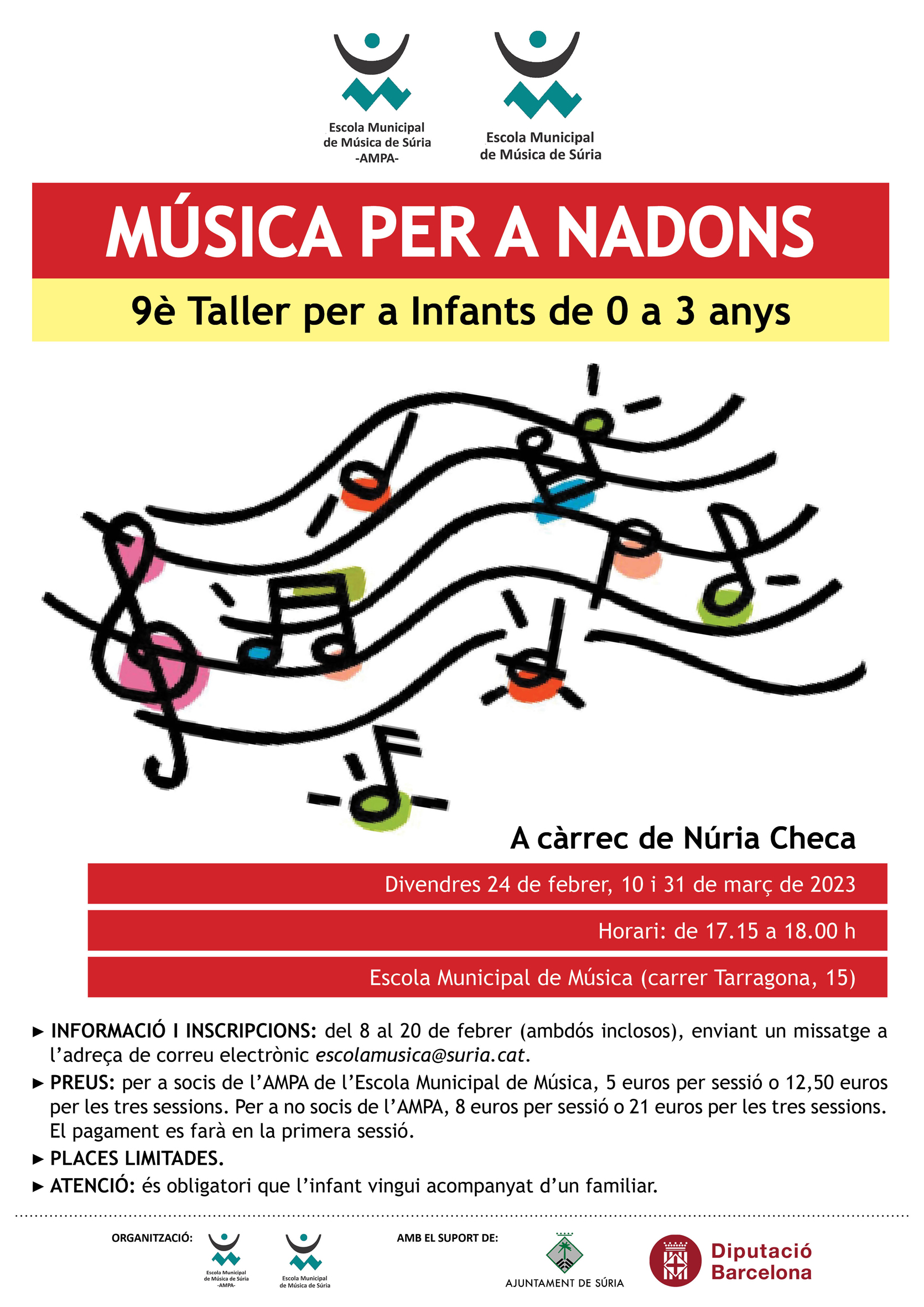 Cartell del Taller de Música per a Nadons, de l'Escola Municipal de Música - Divendres 24 de febrer, 10 i 31 de març.