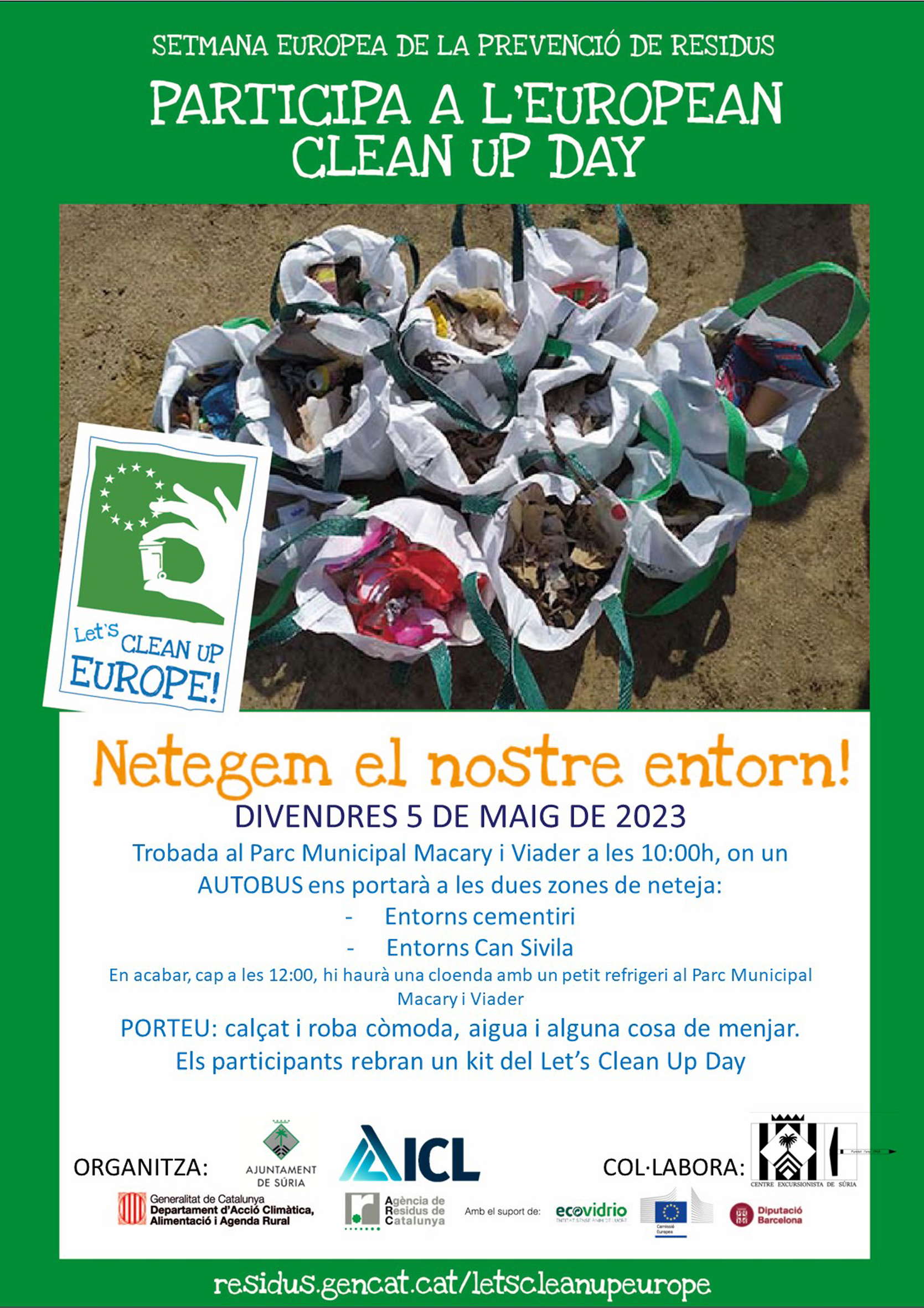 Cartell de la jornada de neteja de l'entorn, dins de la Setmana Europea de la Prevenció de Residus - Divendres 5 de maig.