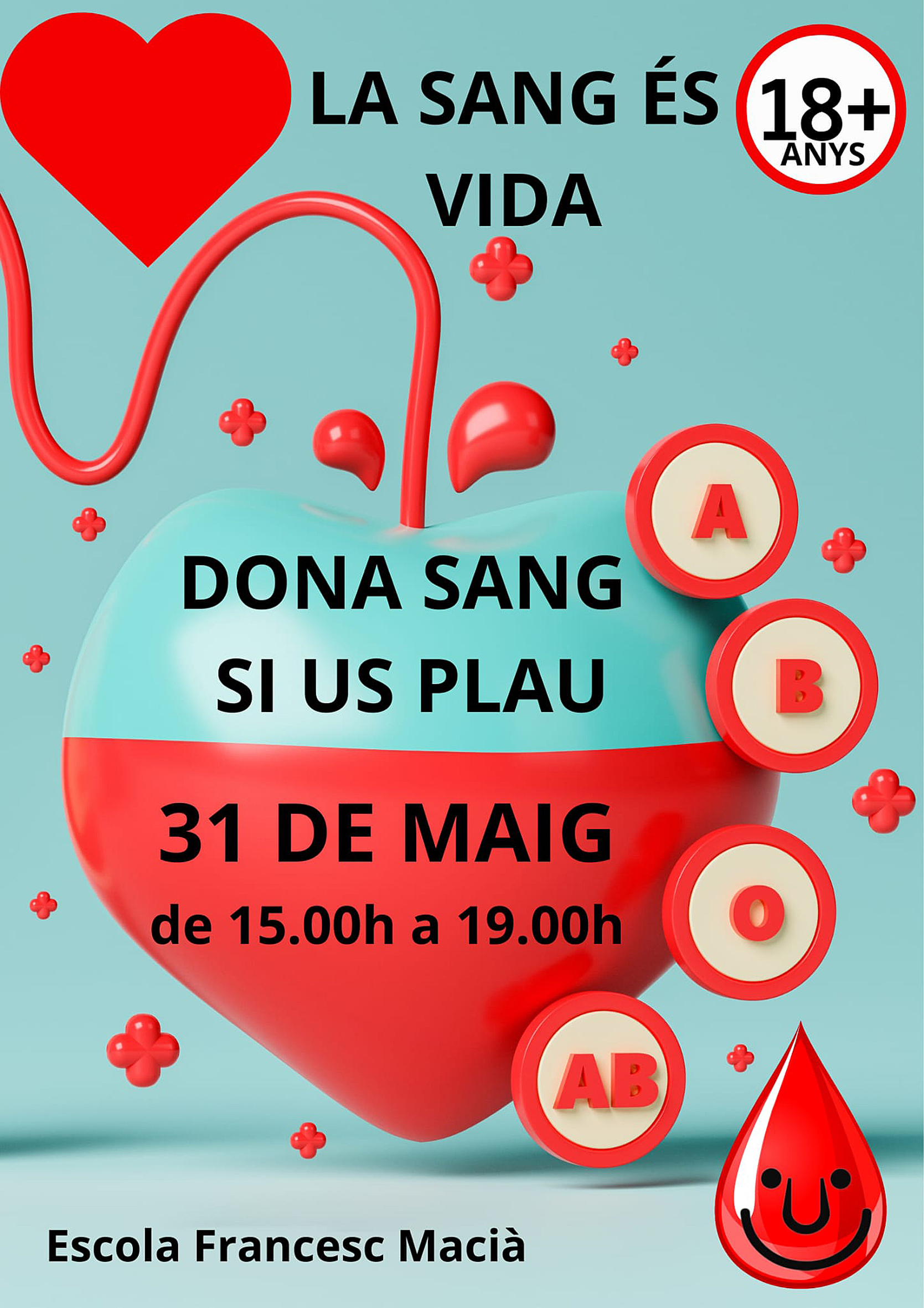 Cartell de la jornada de donació de sang a l'Escola Francesc Macià - Dimecres 31 de maig.