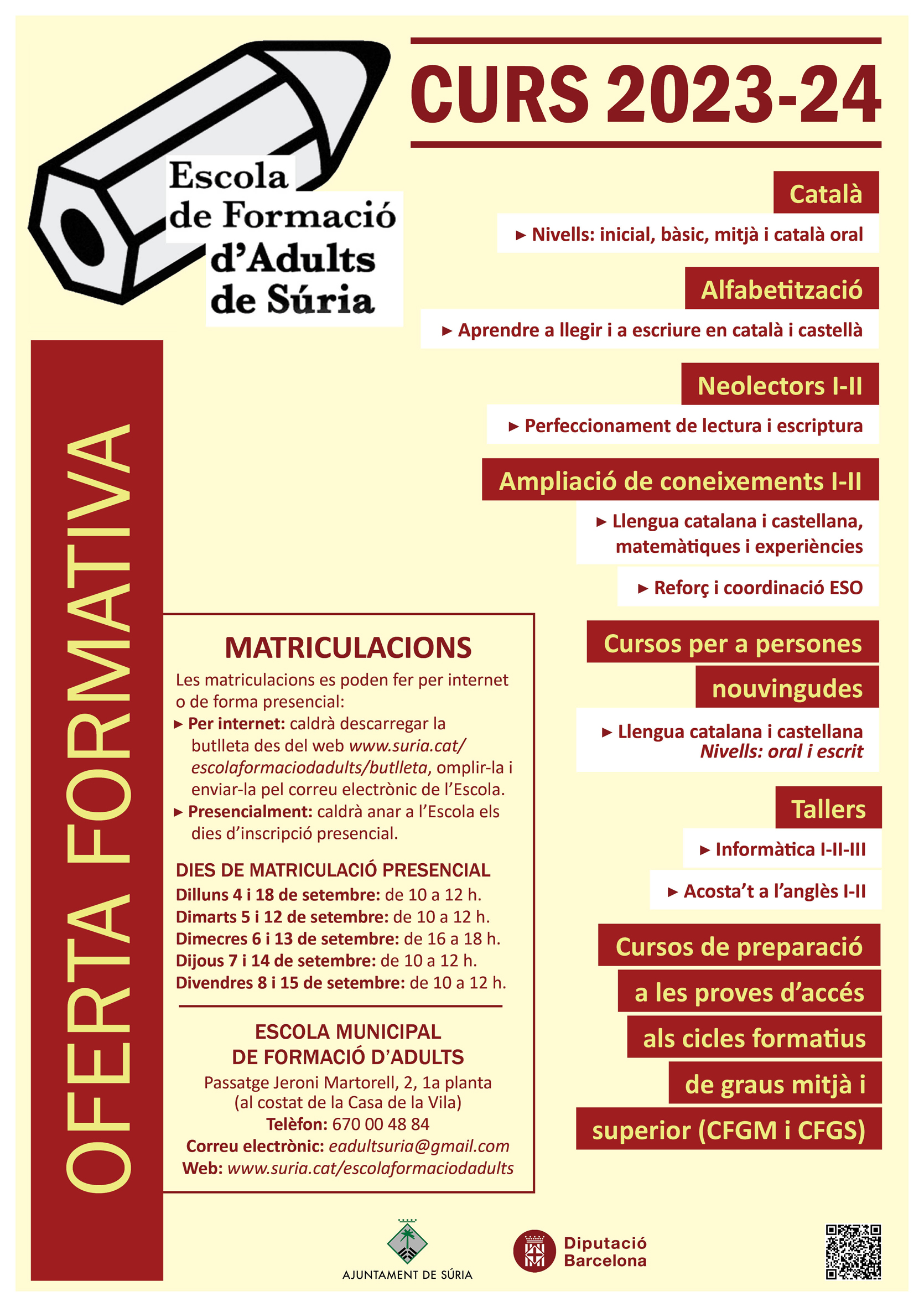 Cartell del calendari de matriculacions de l'Escola Municipal de Formació d'Adults - Del 4 al 18 de setembre.