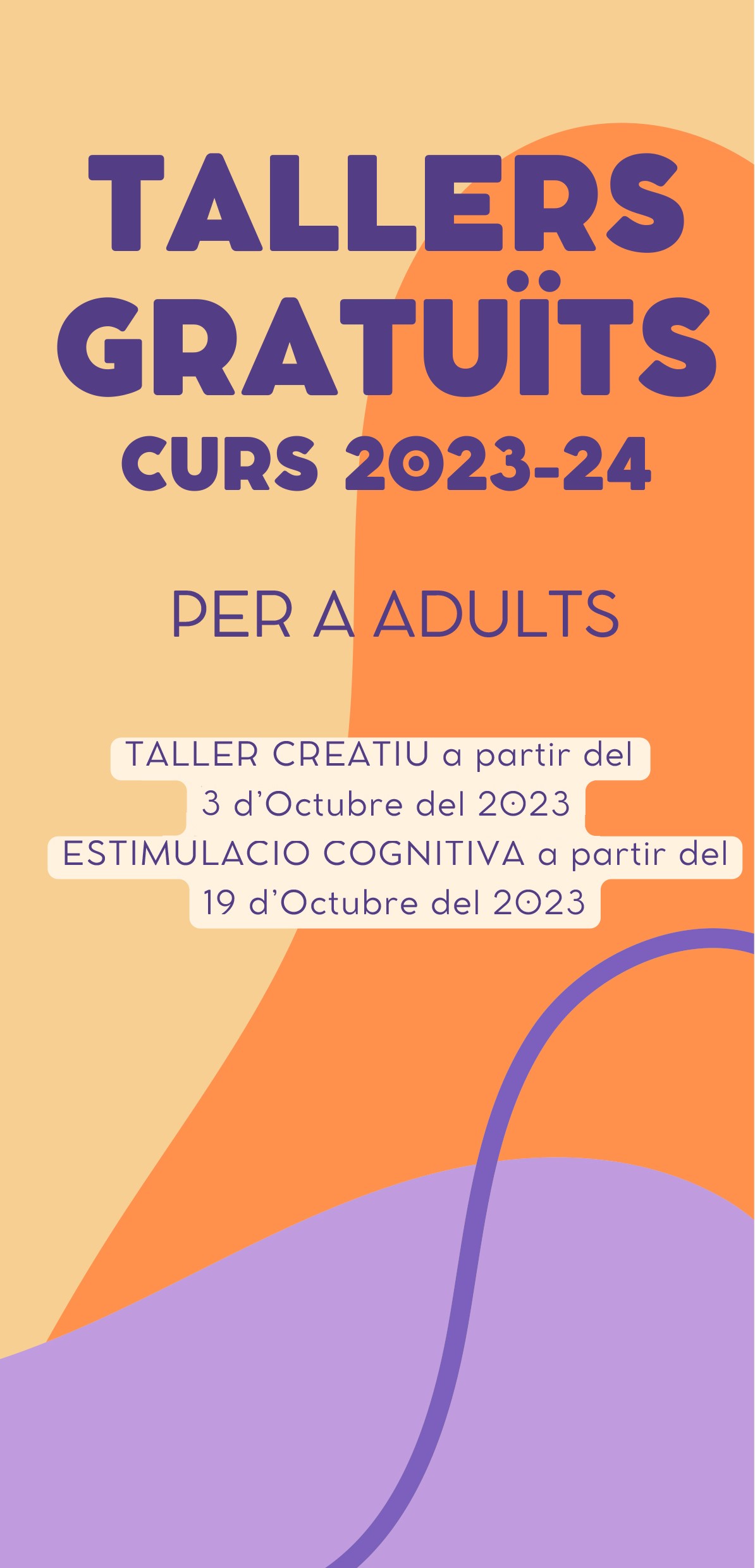 Portada del tríptic informatiu dels Tallers Gratuïts per a Adults - Curs 2023-24.