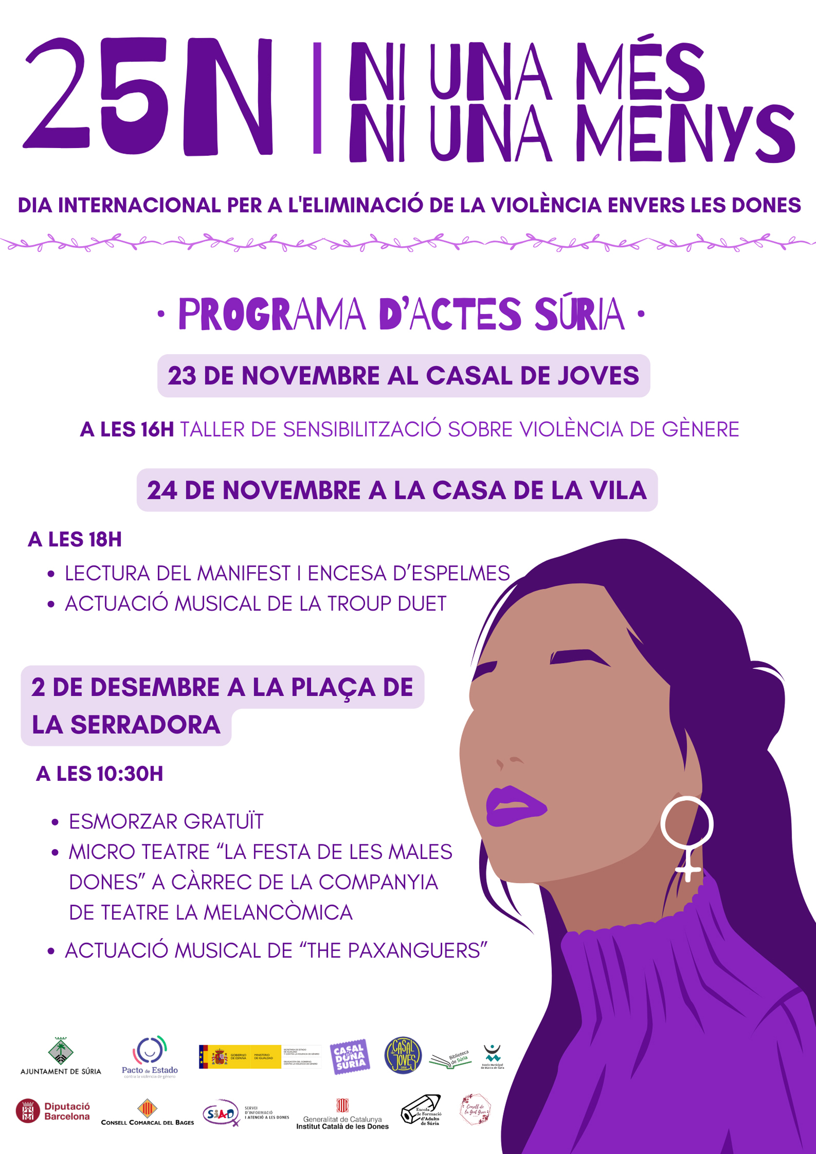Cartell del programa del Dia Internacional per a l'eliminació de la violència envers les dones - Del 23 de novembre al 2 de desembre.