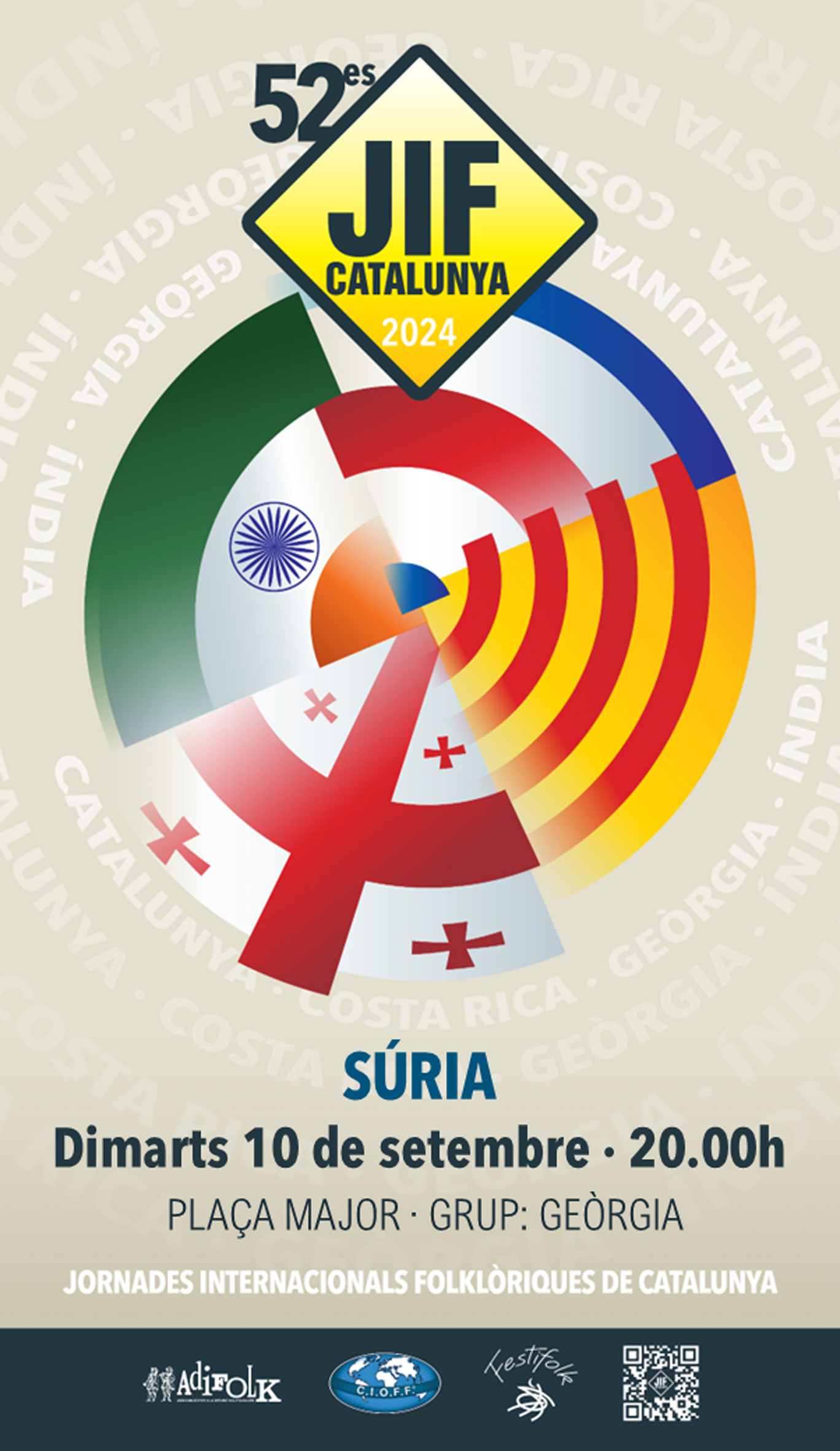 Cartell de l'actuació de les Jornades Internacionals Folklòriques a Súria - Dimarts 10 de setembre.