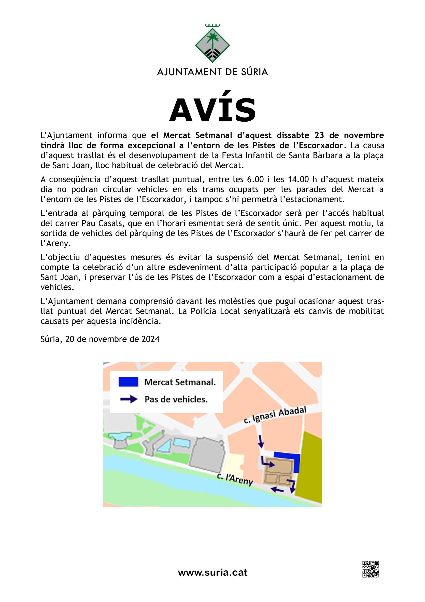Avís sobre el Mercat Setmanal del dissabte 23 de novembre.