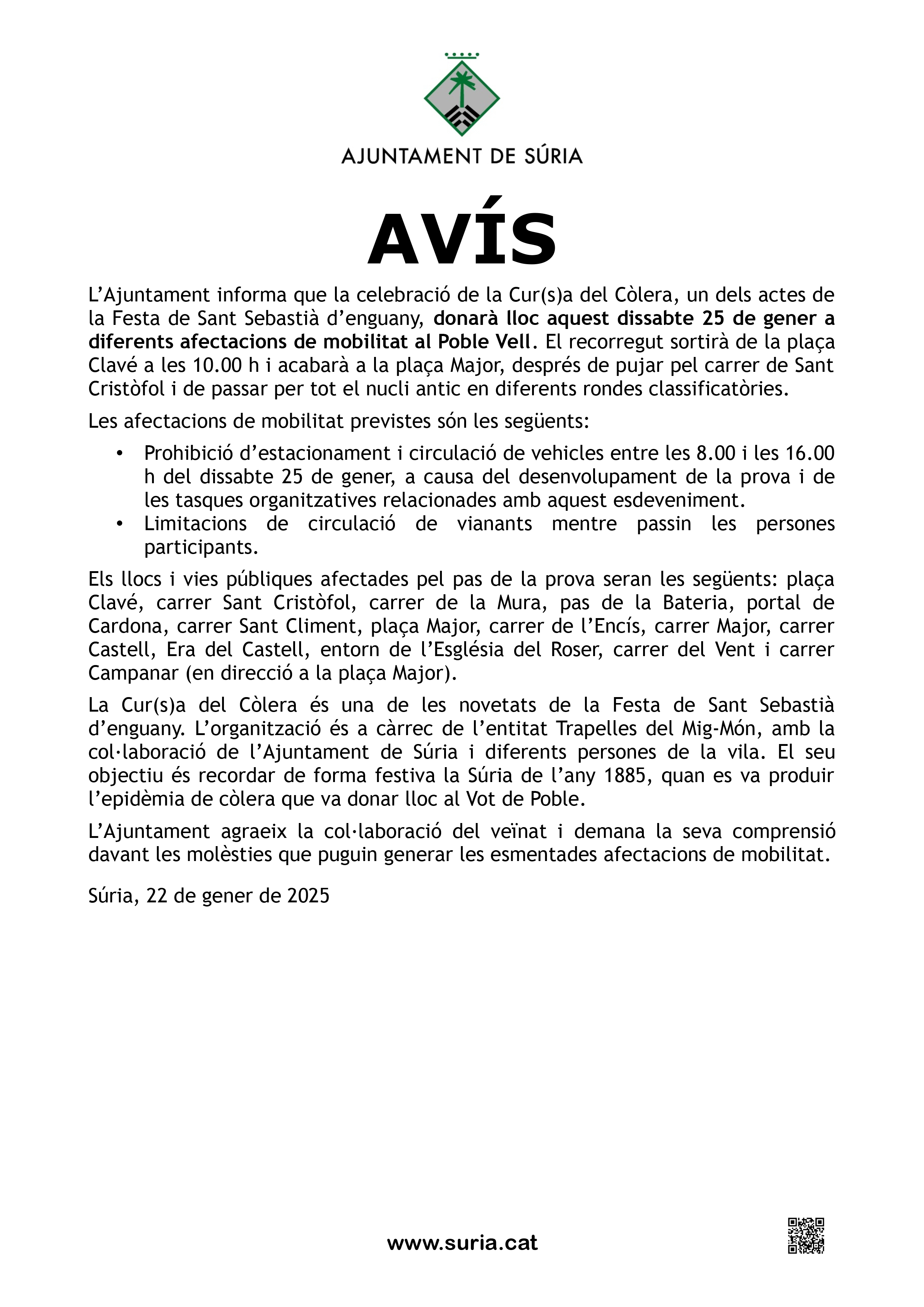Avís sobre afectacions de mobilitat per la 1a Cur(s)a del Còlera - Dissabte 25 de gener.