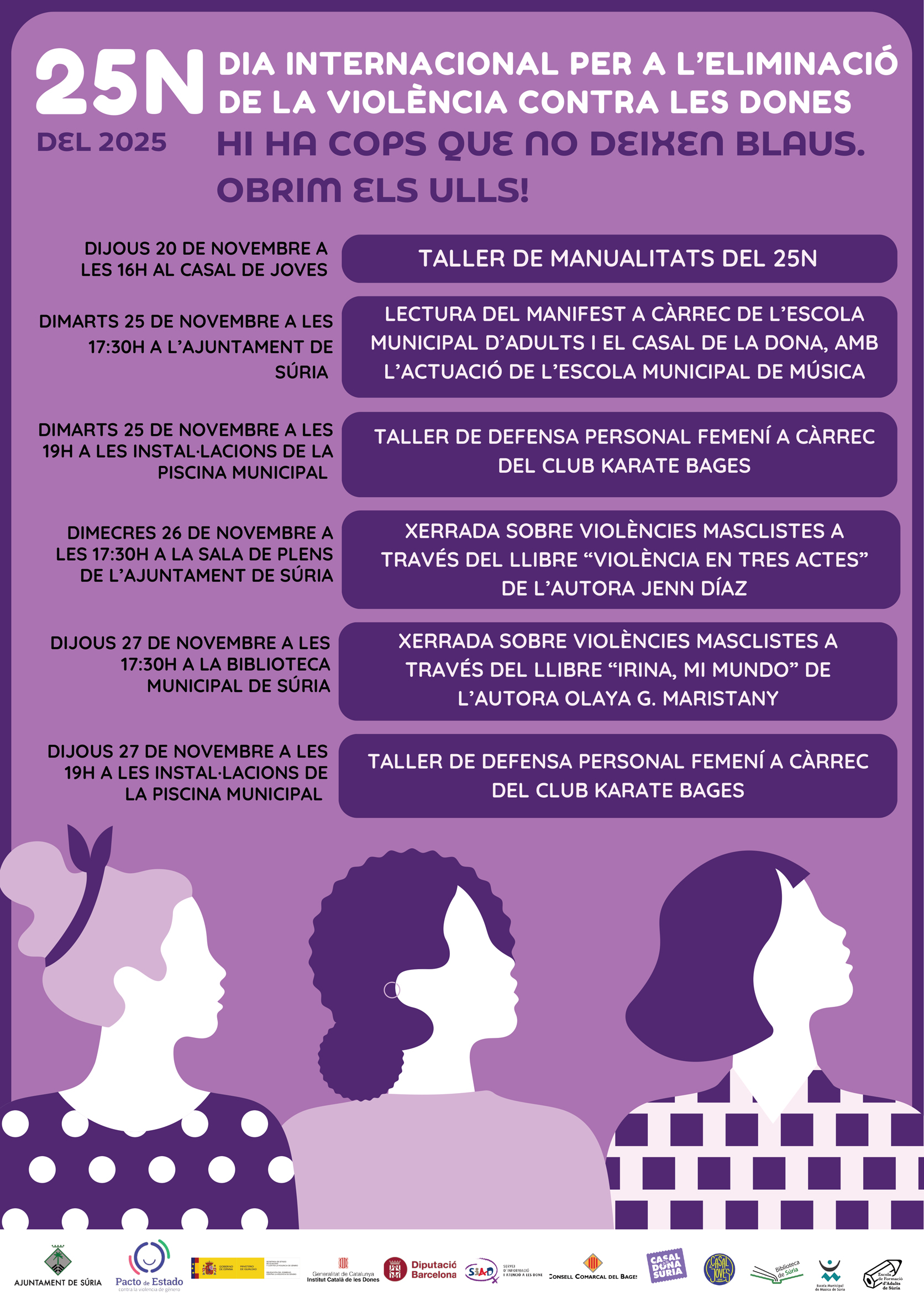 Cartell informatiu del programa del Dia Internacional per a l'eliminació de la violència contra les dones - Del 20 al 27 de novembre.