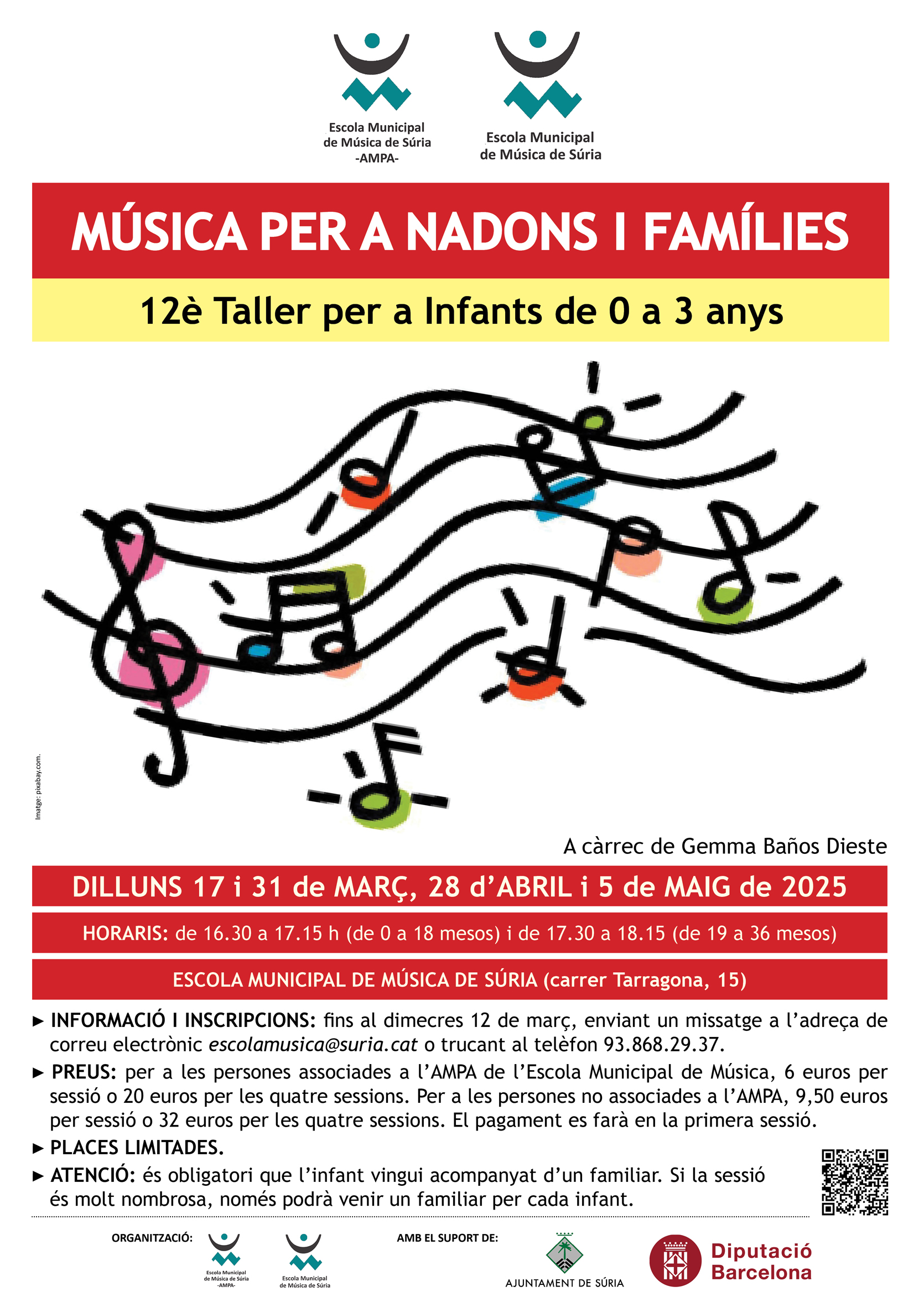 Cartell del 12è Taller de Música per a Nadons i Famílies - Dies 17 i 31 de març, 28 d'abril i 5 de maig.