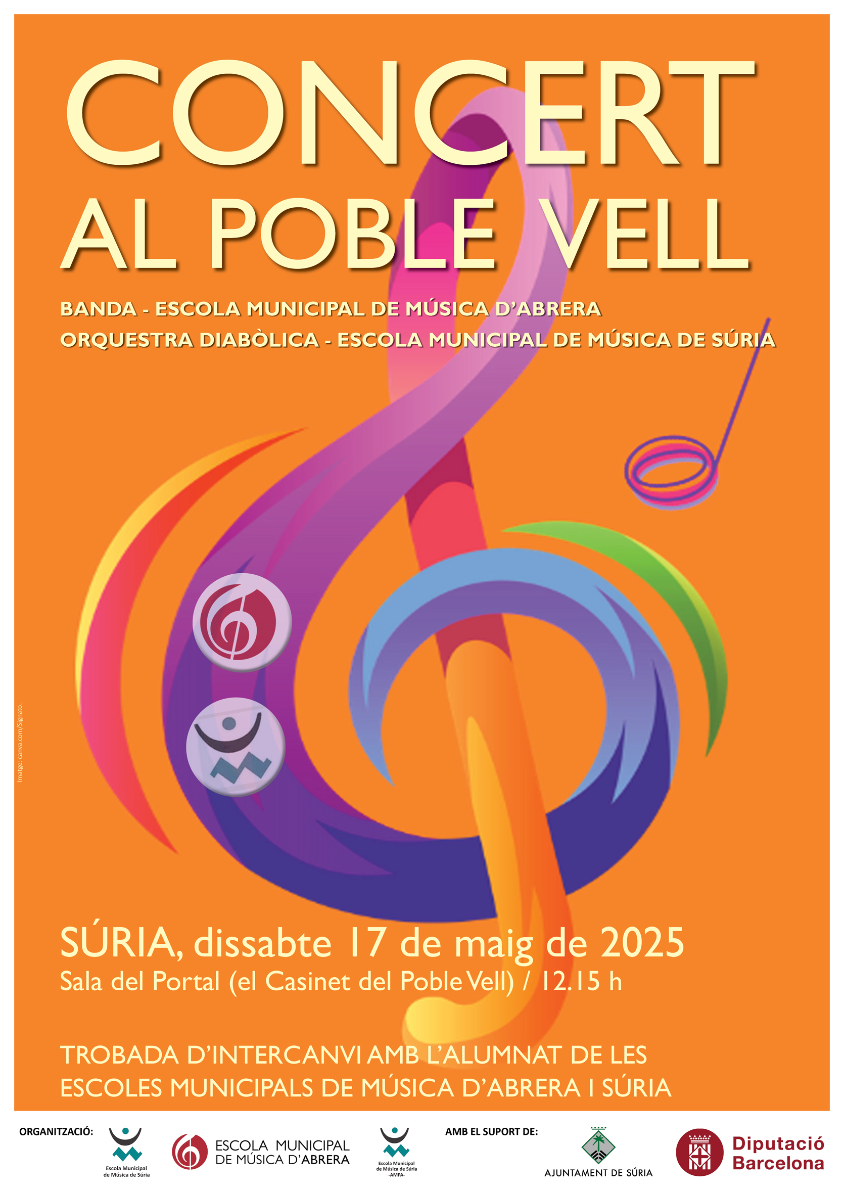 Cartell del concert al Poble Vell, amb les Escoles Municipals de Música d'Abrera i Súria - Dissabte 17 de maig.