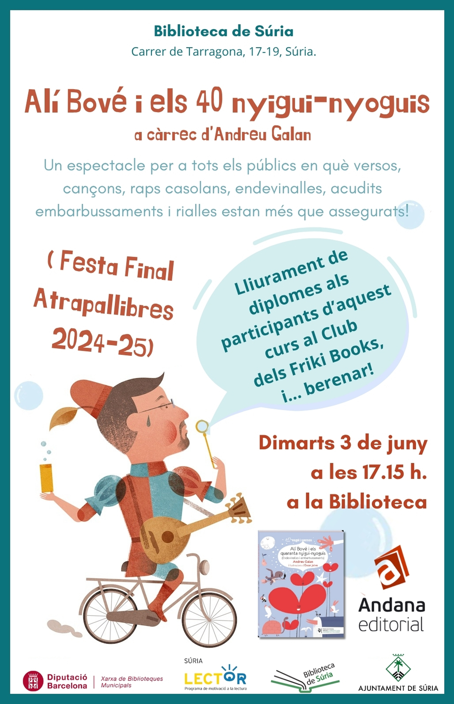 Cartell de la festa final del programa Atrapallibres a la Biblioteca Pública - Dimarts 3 de juny.