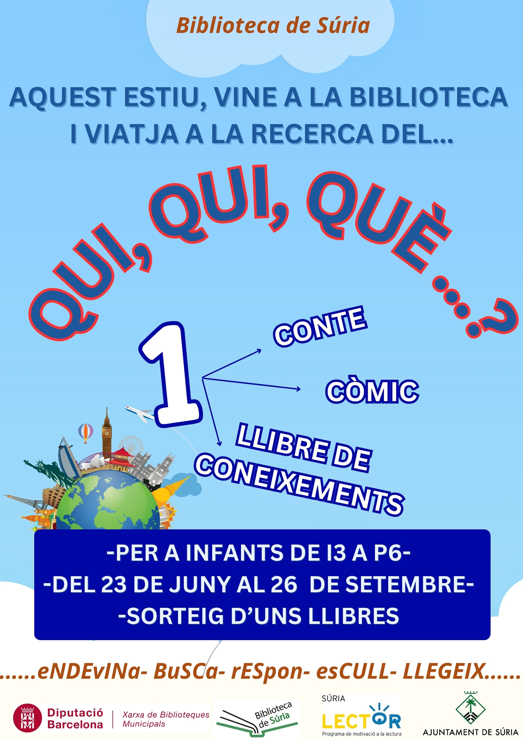 Cartell de l'activitat d'estiu 'Qui, qui, què...?' a la Biblioteca Pública - Del 23 de juny al 26 de setembre.
