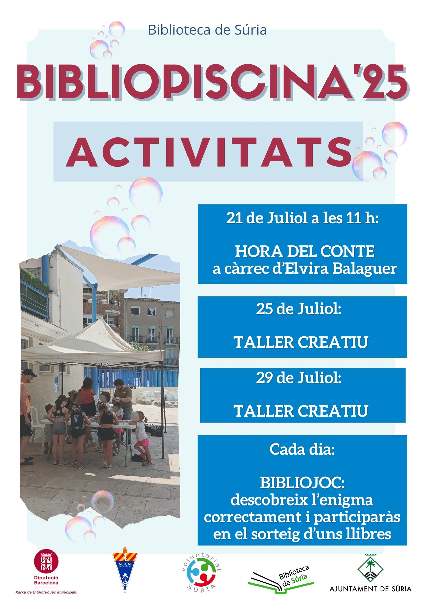 Cartell de les activitats de la Bibliopiscina 2025 - Del 16 al 30 de juliol.