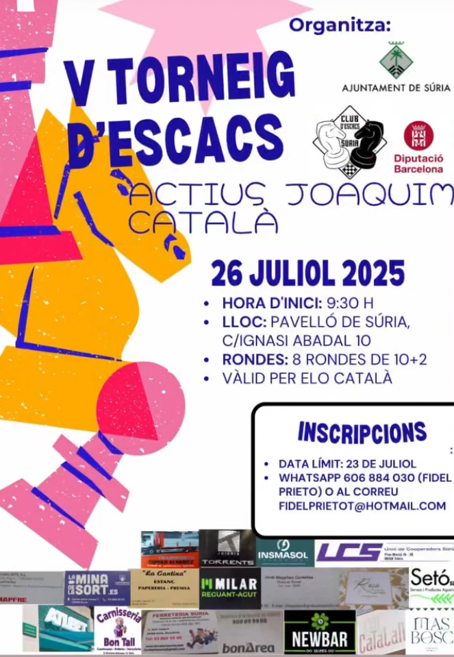 Cartell del 5è Torneig d'Escacs Actius Joaquim Català - Dissabte 26 de juliol.