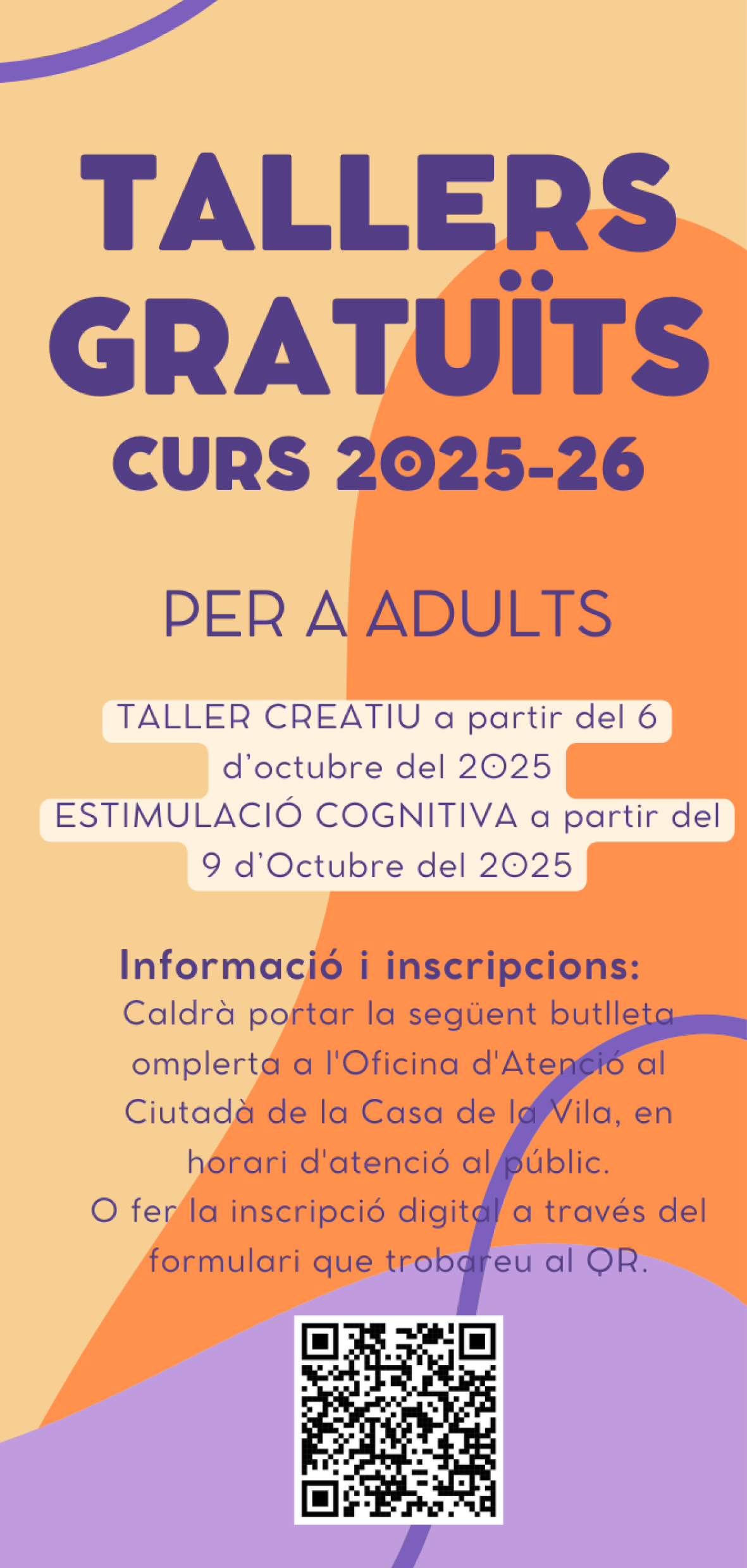 Portada del tríptic dels Tallers Gratuïts per a adults - Curs 2025-26.