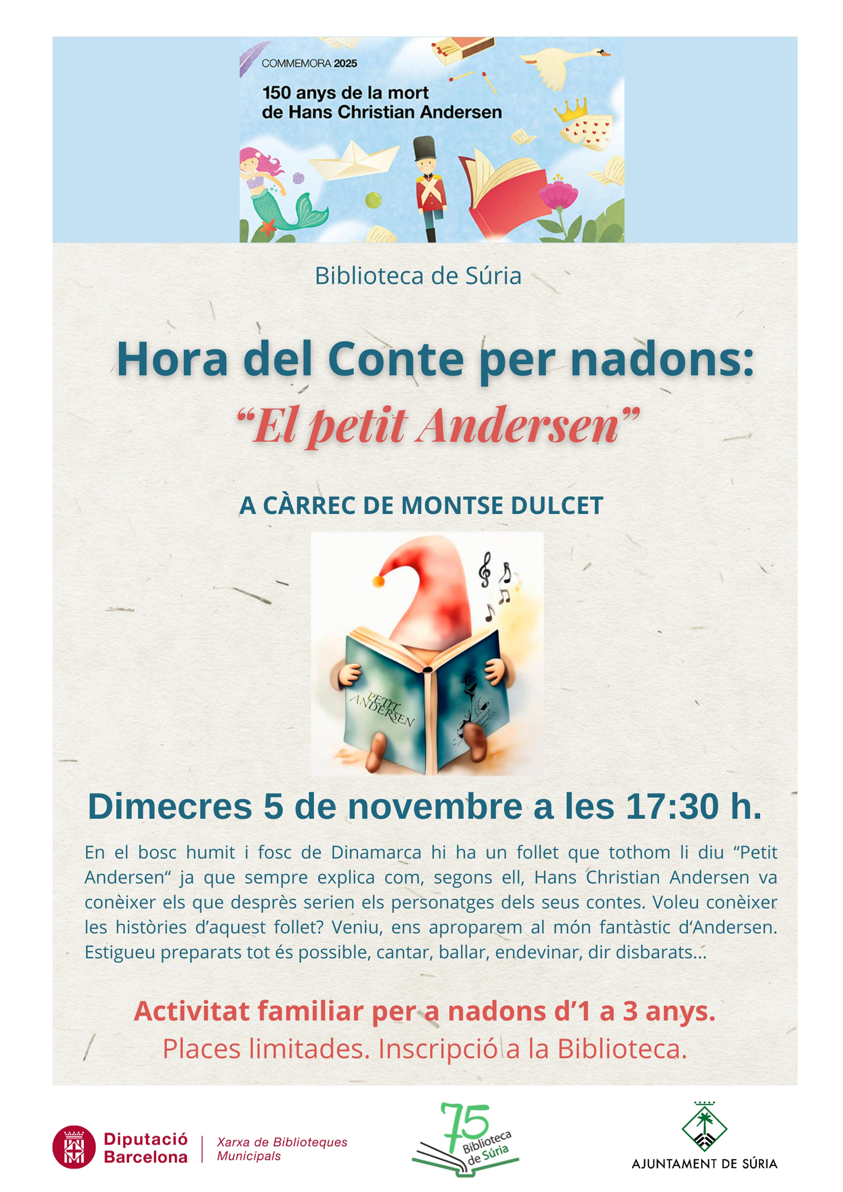 Cartell de la sessió de L'Hora del Conte per a nadons a la Biblioteca Pública - Dimecres 5 de novembre.