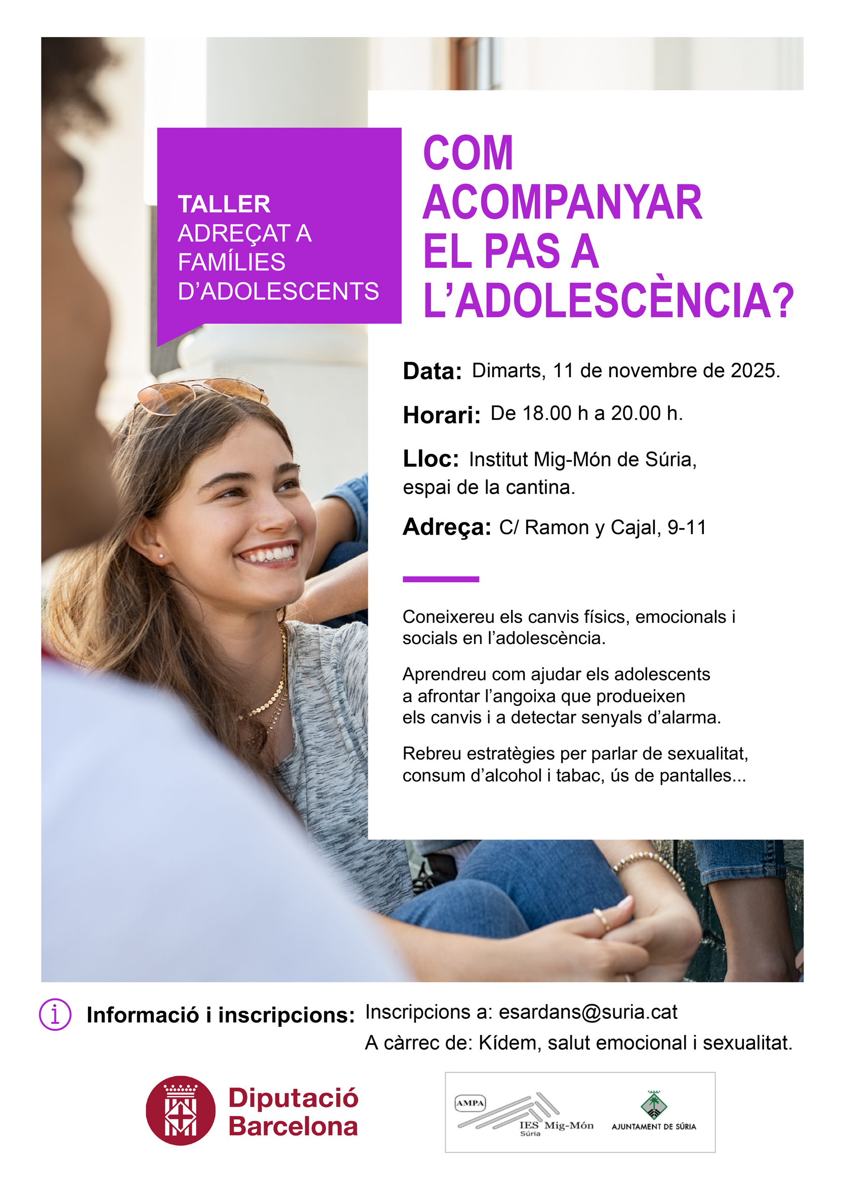Cartell del taller adreçat a famílies d'adolescents 'Com acompanyar el pas a l'adolescència?' - Dimarts 11 de novembre.